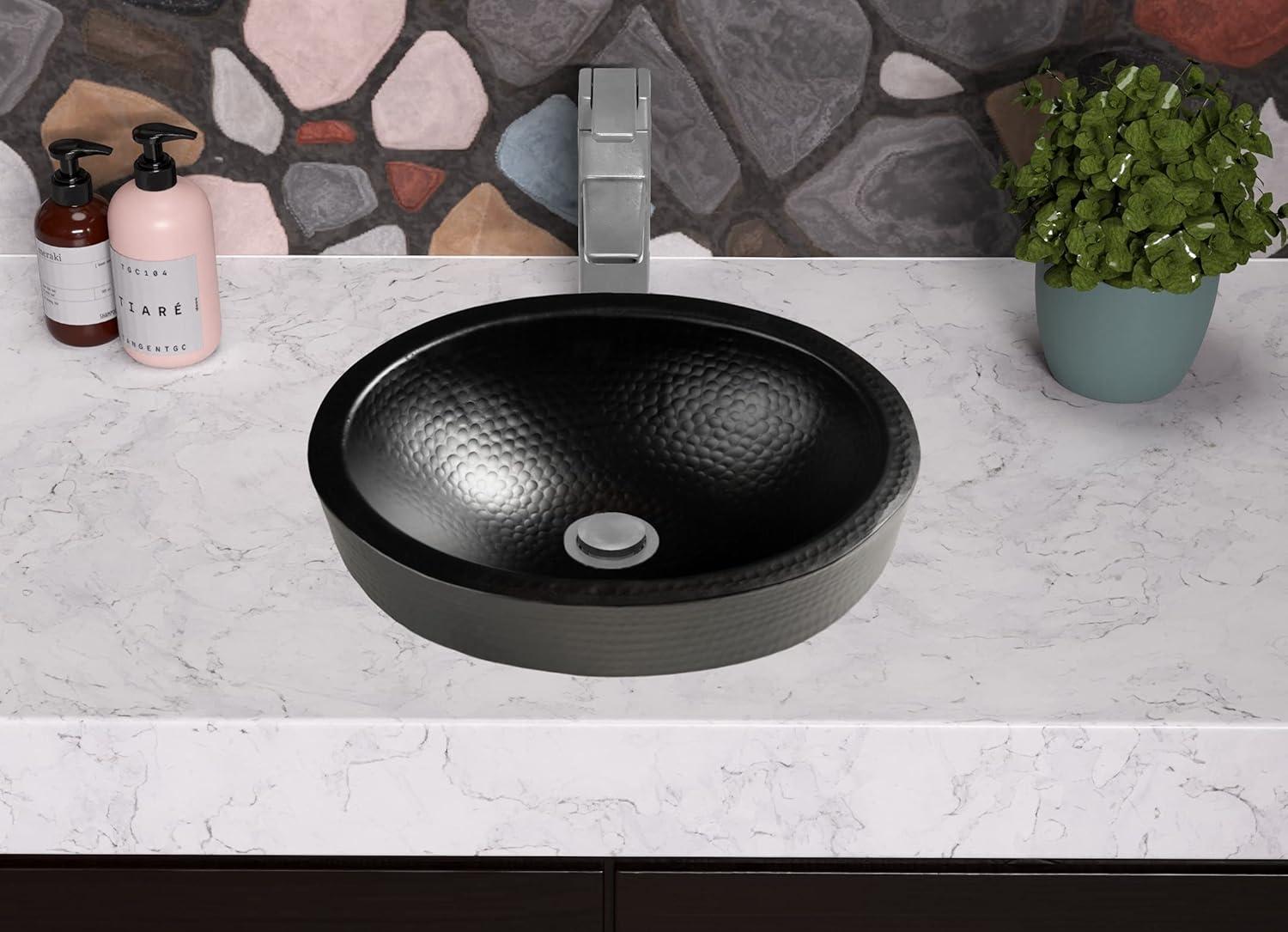 Monarch Abode Matte Black Hand Hammered Oval Drop-in Skirted Bathroom Vanity Sink, 17 inches