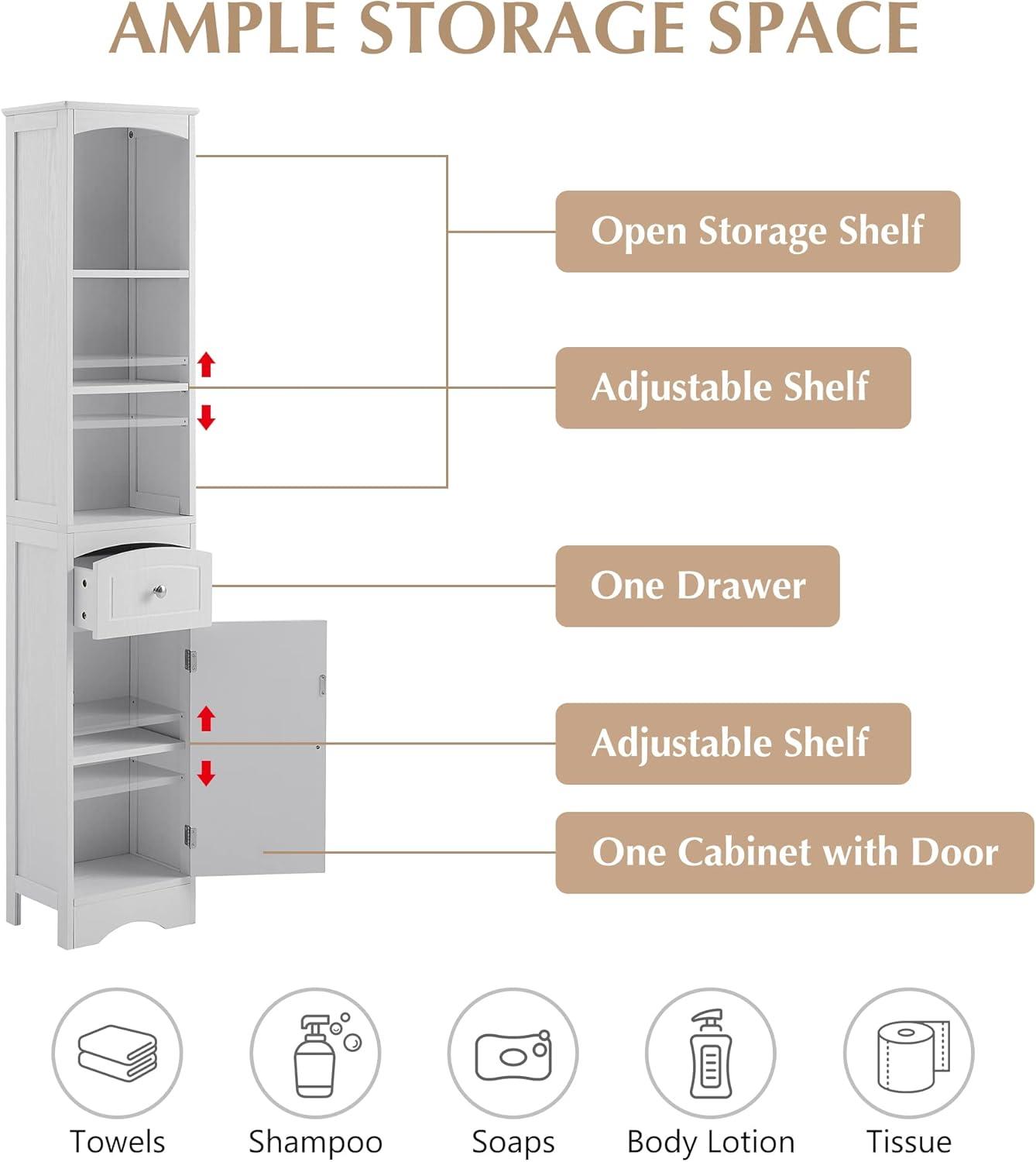 Tall White MDF Living Room Storage Cabinet with Shelves and Drawer