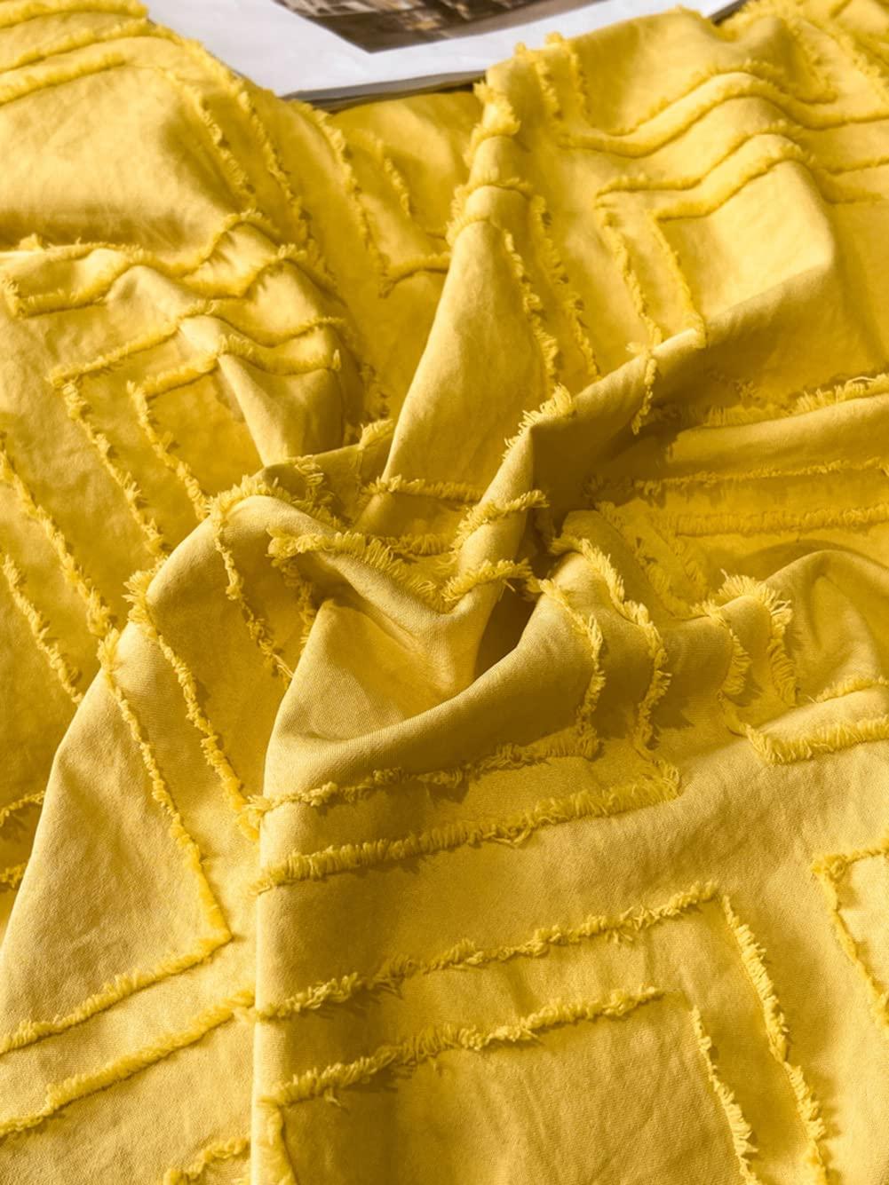 MorroMorn 5 PCS Boho Bedding Sets, Textured Duvet Cover Set, Tufted Comforter Covers, Diamond Jacquard Soft Breathable Neutral for Man Woman Bed Bedroom All Seasons (Yellow, Full/Queen)