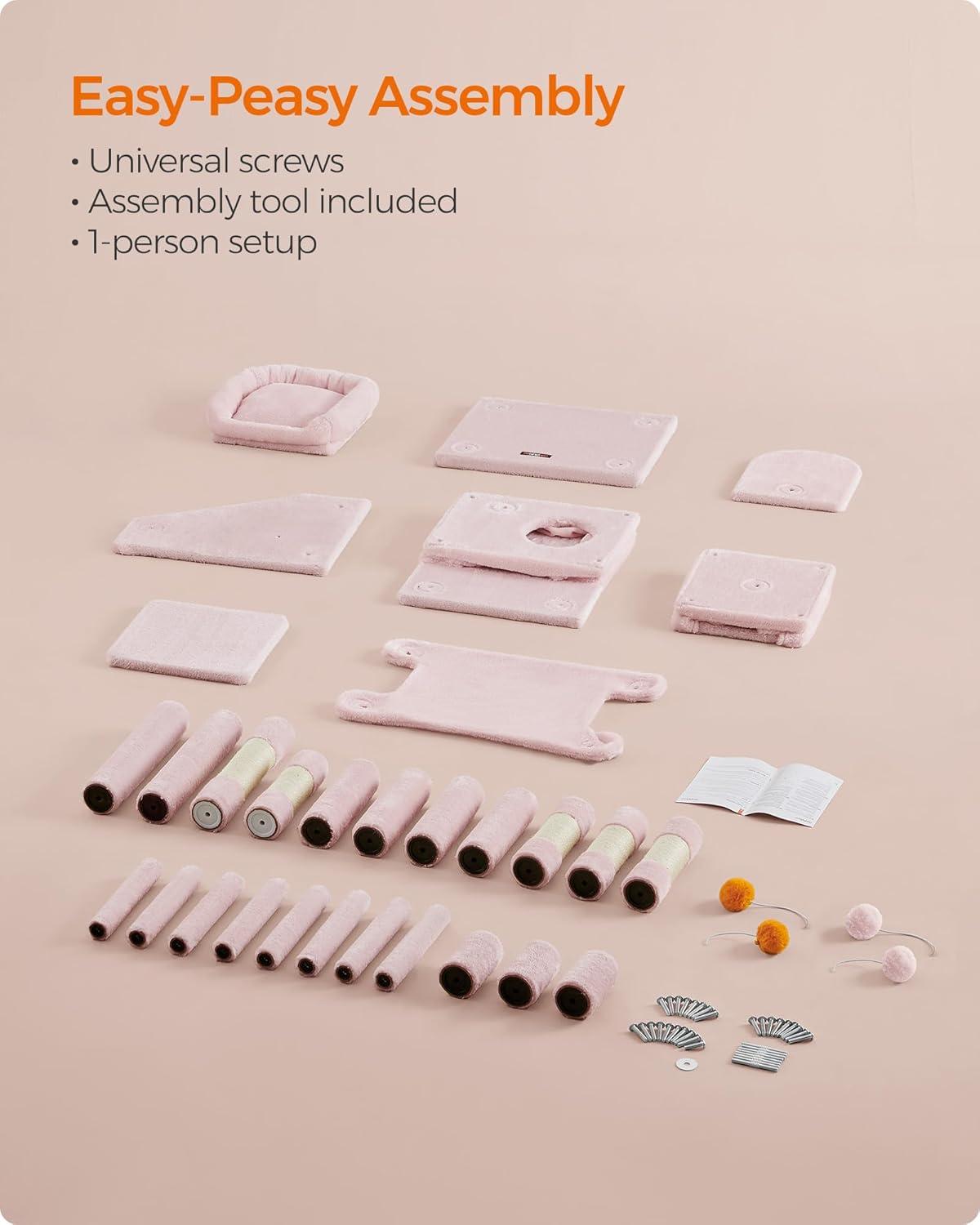 Feandrea Cat Tree, 61-Inch Cat Tower for Indoor Cats, Plush Multi-Level Cat Condo with 5 Scratching Posts, 2 Perches, 2 Caves, Hammock, 2 Pompoms, Jelly Pink UPCT192P01