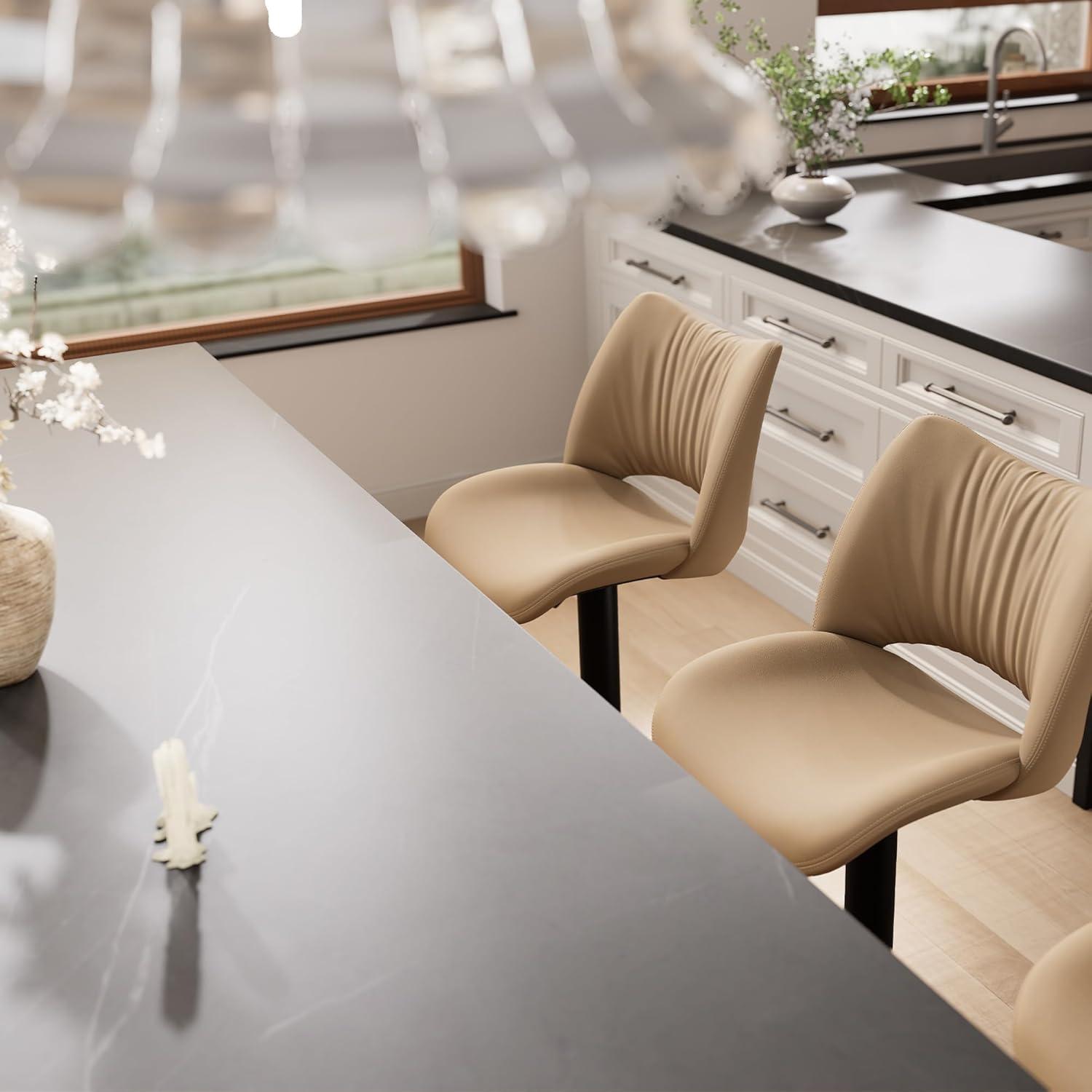 Khaki Adjustable Swivel Faux Leather Bar Stools with Metal Base