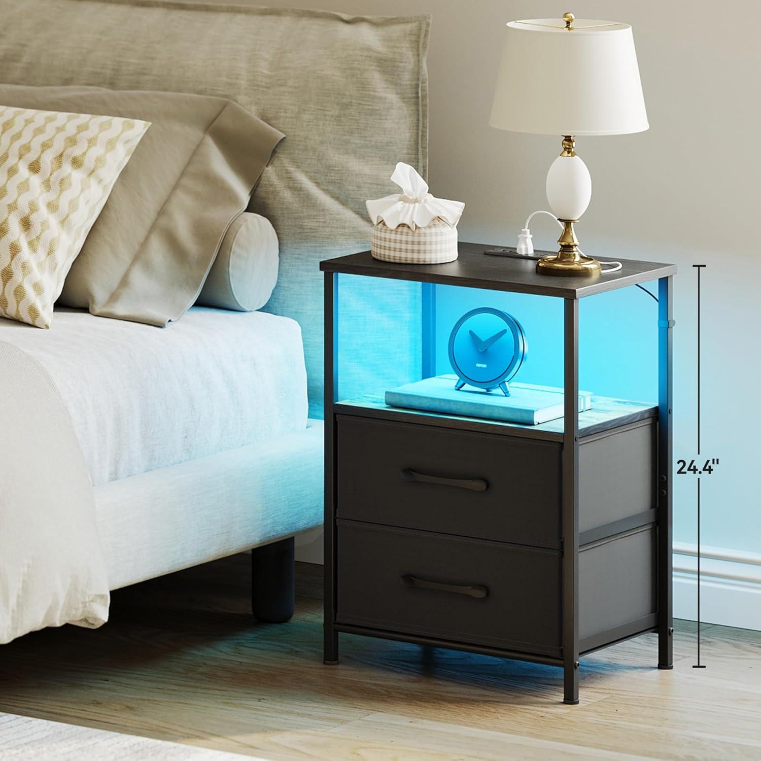 End Table with Charging Station, Narrow Side Table with 2 Fabric Drawers, Skinny Nightstand with LED Light, Slim Bedside Table for Bedroom, Living Room, Small Spaces, White