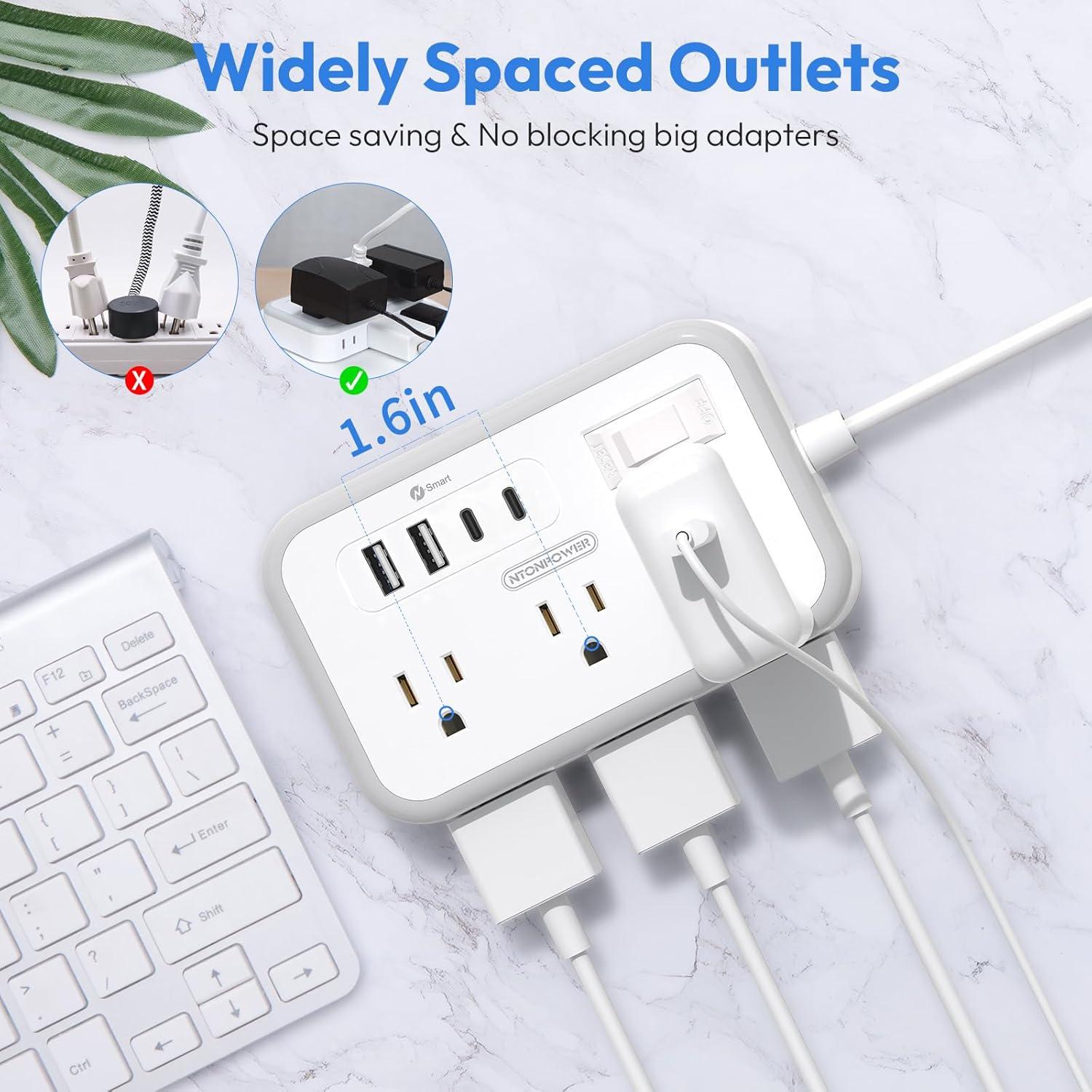 White 10 ft Power Strip with 6 Outlets and 4 USB Ports