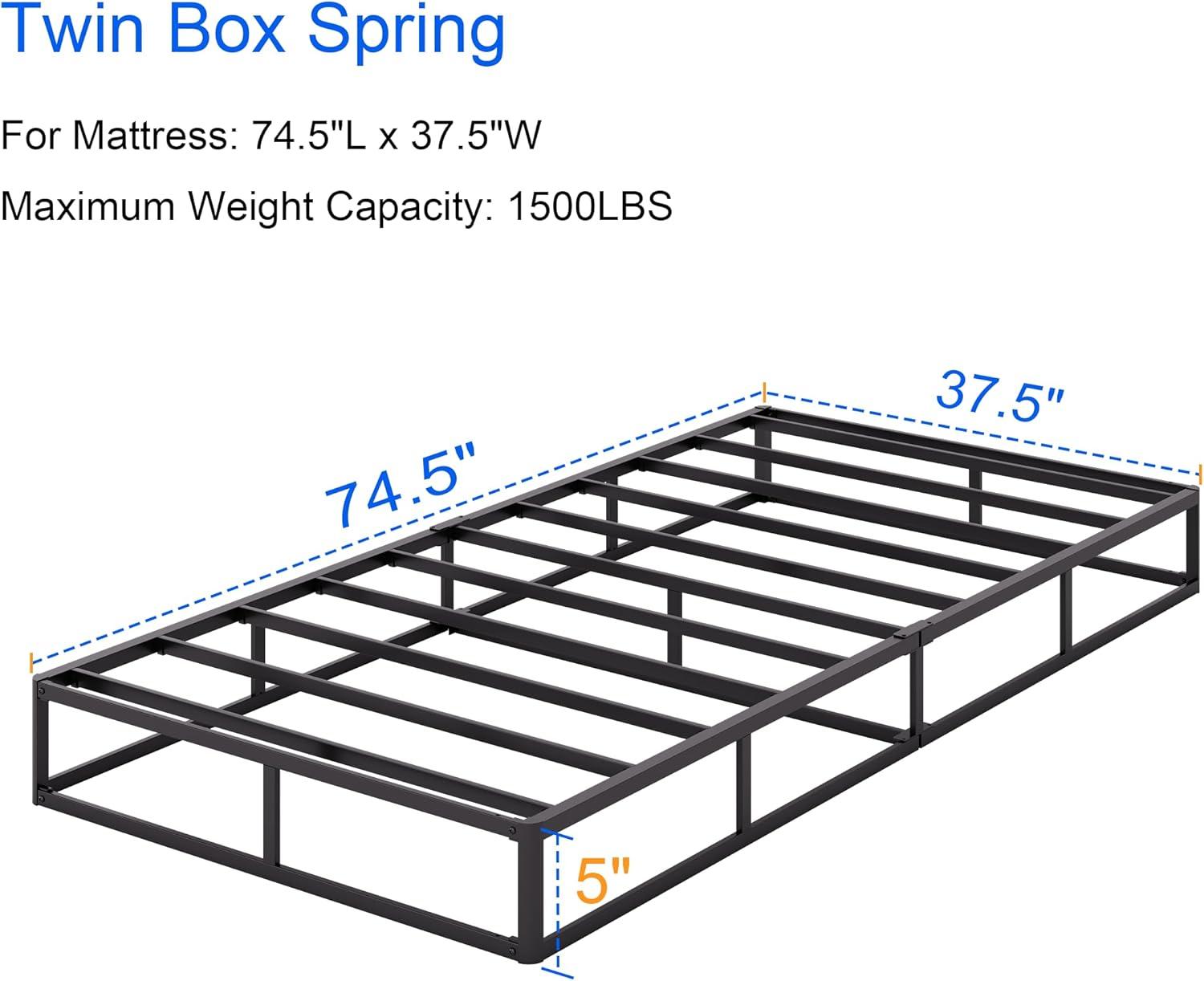 King Size Bed Frame, 5 Inch Low Profile Metal Box Spring with Fabric Bed Cover, 2500lbs Heavy Duty Steel Structure Mattress Base, Noise-Free Bed Foundation, Easy Assembly, Black