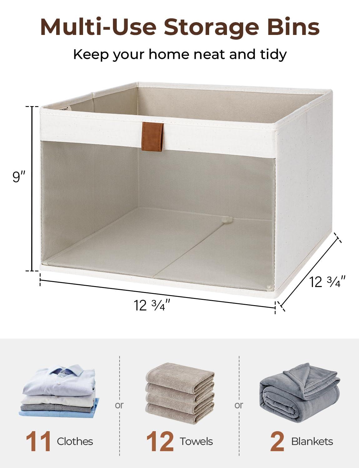 Closet Storage Bins with Clear Window and 2 Handles, Foldable Clothing Bins for Shelves, Large Fabric Organizer, Beige, 3 Pack