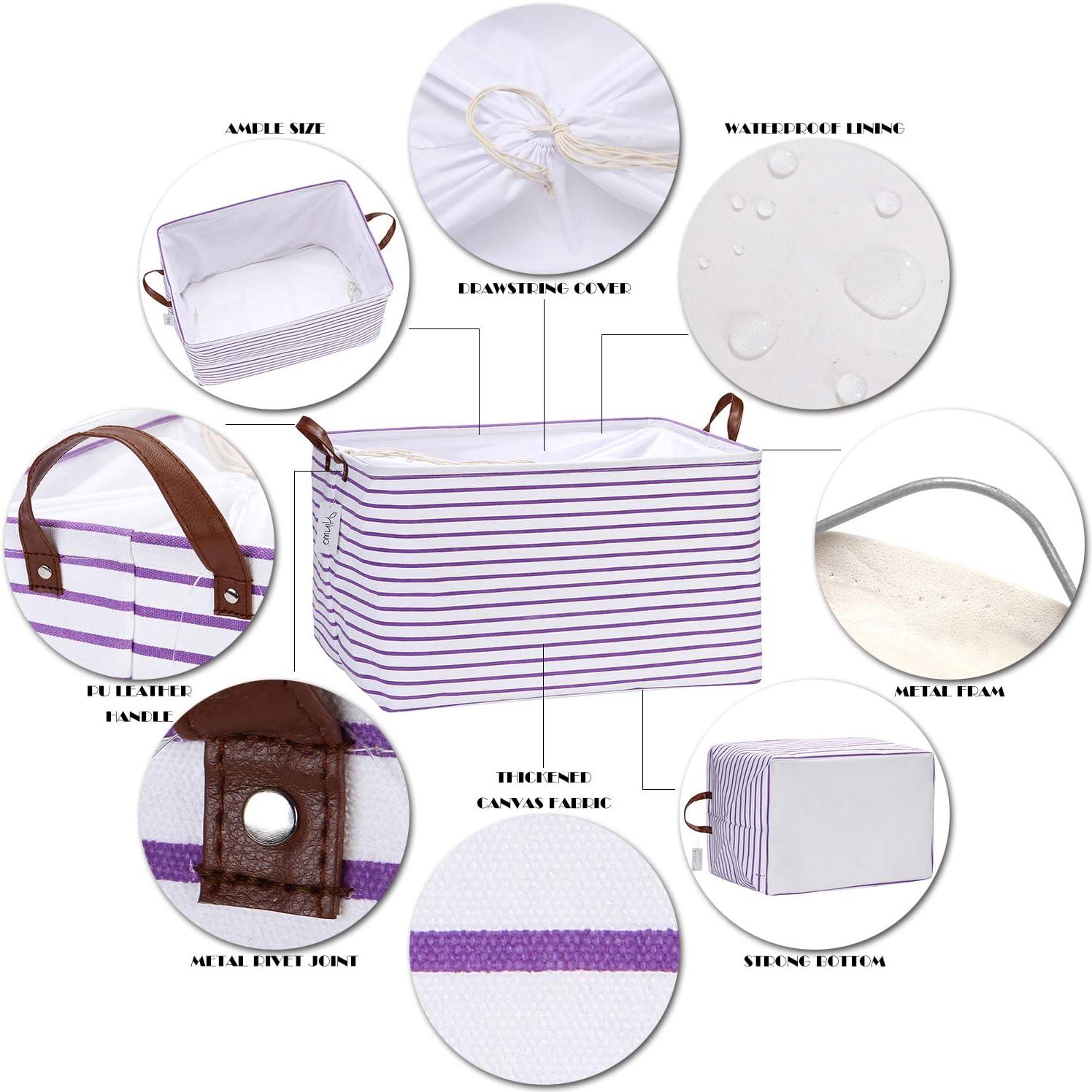 Hinwo 2-Pack Extra Large Canvas Fabric Storage Baskets with Handles, 70L Oversized Storage Bins, Collapsible Storage Box, Clothes, Toys, Blankets Organizers, 22 x 15 x 13 inches, (Purple Stripe)