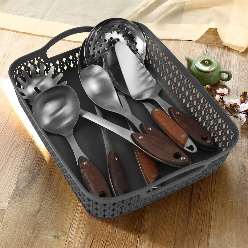 6 Packs Large Plastic Storage Basket Tray with Handle, Shallow Paper Storage Basket, Gray