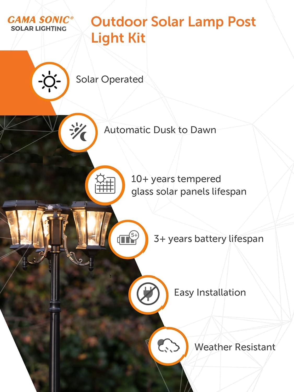 Victorian Bulb Series 3-Head Black Integrated LED Solar Outdoor Post Light