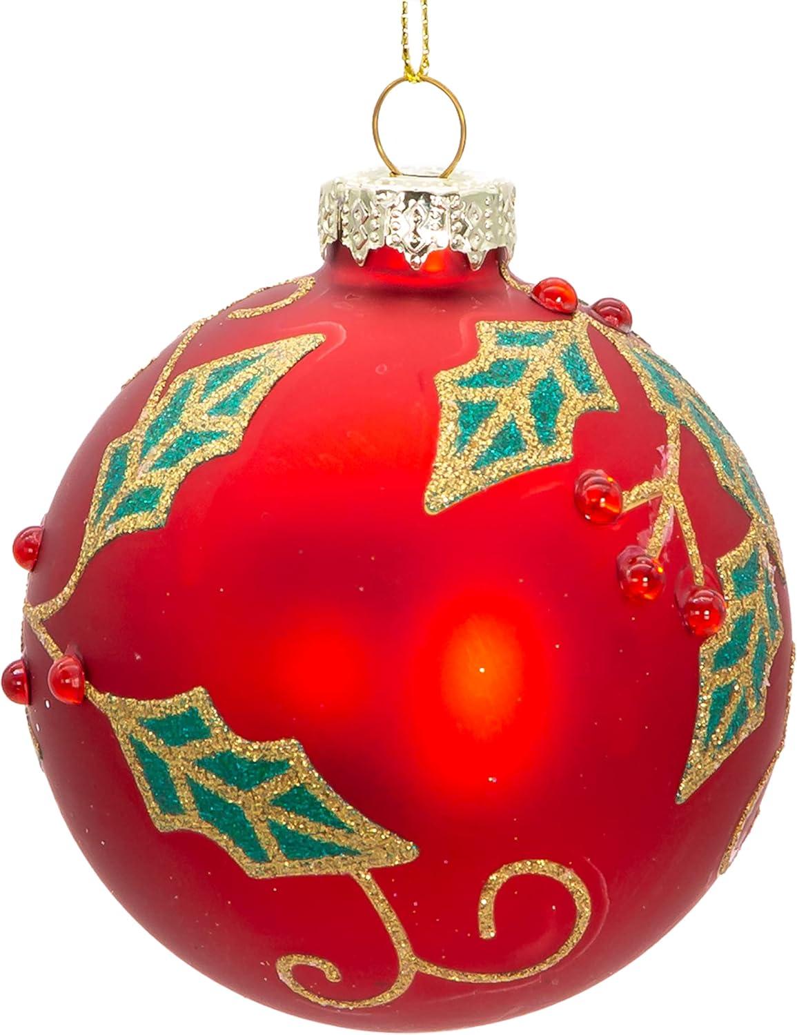 Kurt Adler 80MM Glass Red Berry and Holly Leaves 6-Piece Ball Ornament Set