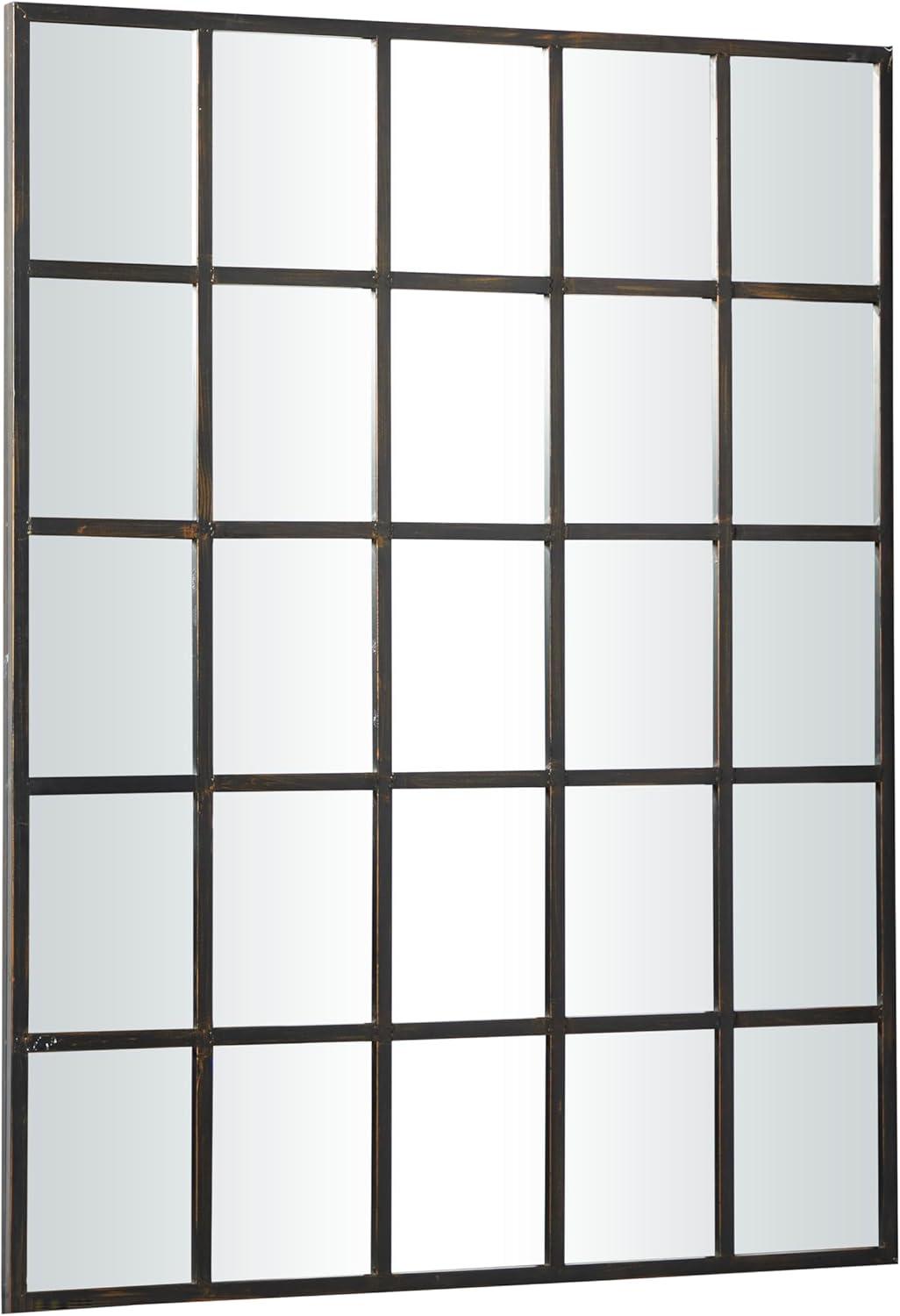 DecMode Contemporary Squre Wood Window Shaped Wall Mirror, 56"W x 44"H with Distressed Brass Colored Frame