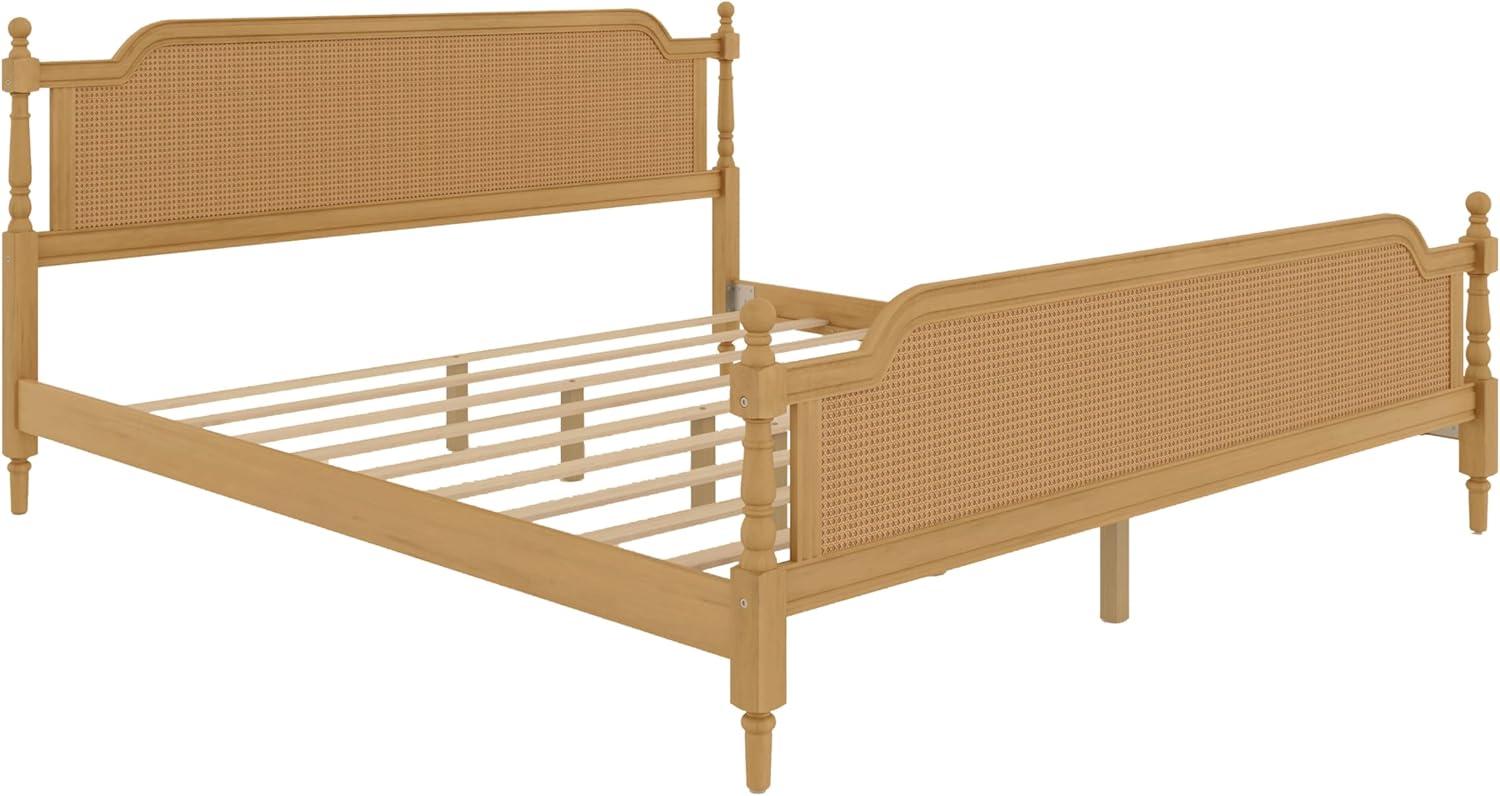 Traditional Style Rattan King Size Platform Bed Frame, Wooden Bed Frame with Rattan Headboard and Footboard, Wood Slat Support, No Box Spring Needed, Easy Assembly (Antique Walnut,310)