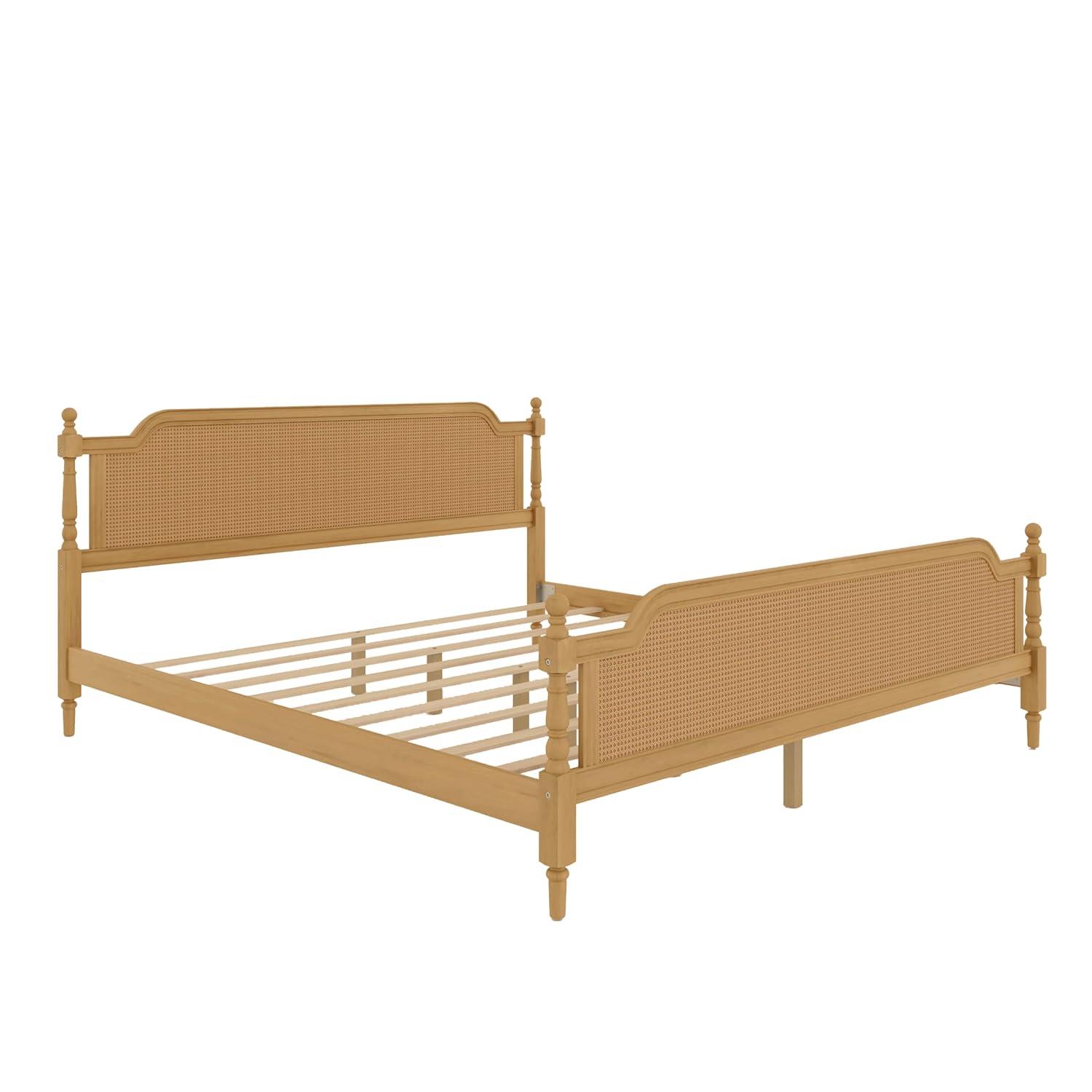 Traditional Style Rattan King Size Platform Bed Frame, Wooden Bed Frame with Rattan Headboard and Footboard, Wood Slat Support, No Box Spring Needed, Easy Assembly (Antique Walnut,310)