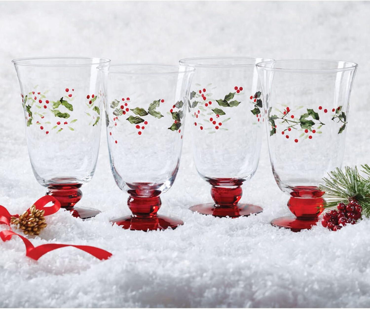 Winterberry Holiday Glass Goblets with Red Base, Set of 4