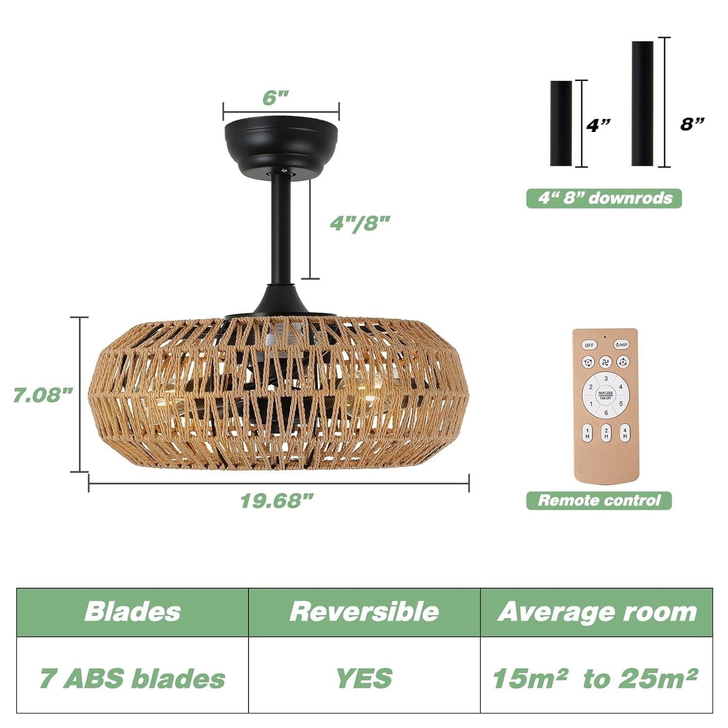 20'' Boho Rattan Caged Ceiling Fan with Light and Remote, Farmhouse Flush Mount Boho Ceiling Fan Light Low Profile Bladeless Ceiling Fan Timing 6 Speeds Reversible, Brown