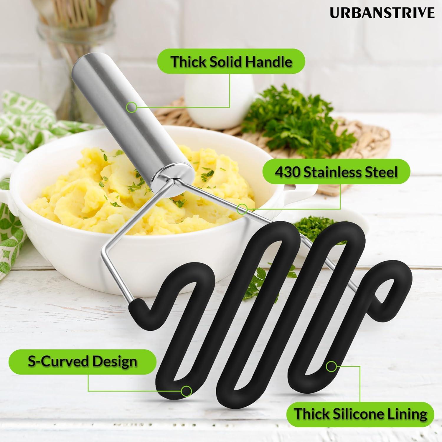 Black Silicone and Stainless Steel Non-Scratch Potato Masher