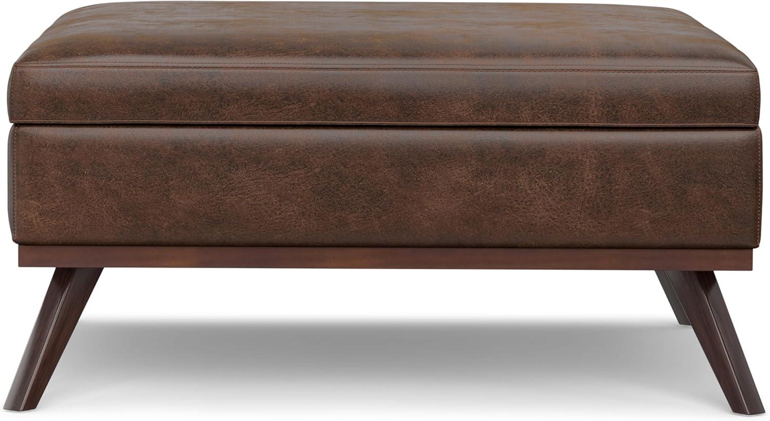 Simpli Home Owen 40 inch Wide Mid Century Modern Square XL Coffee Table Storage Ottoman in Distressed Chestnut Brown Vegan Faux Leather, Assembled