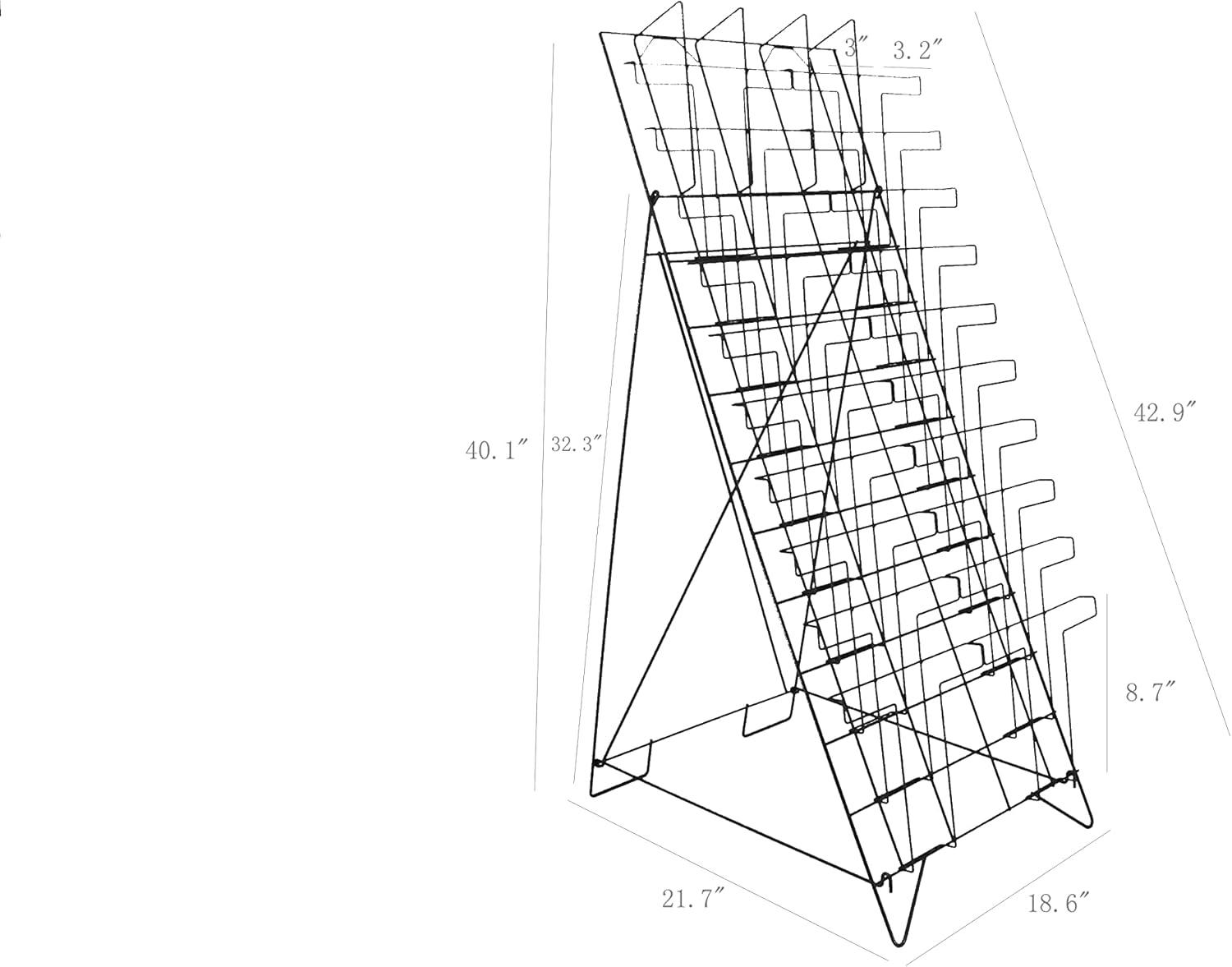 Tiered Black Wire Magazine Rack, 19-1/4"w x 25-1/2"d x 51-1/2"h, Free Standing Floor Fixture With 20 Stacked Pockets, Sign Slot (WRF10T19)