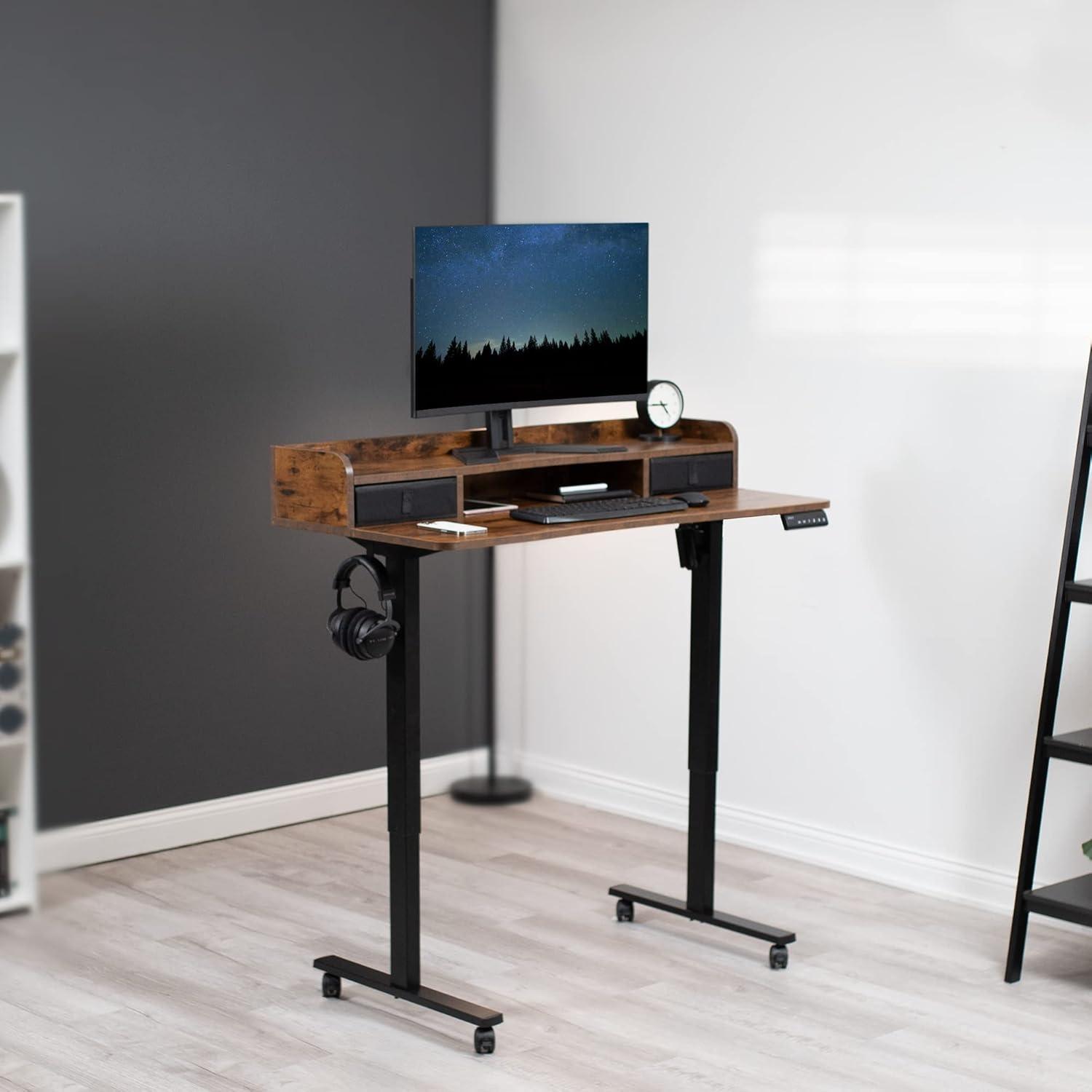 VIVO Rustic Vintage Brown/Black 2 Tier Electric 48" x 24" Mobile Sit Stand Desk