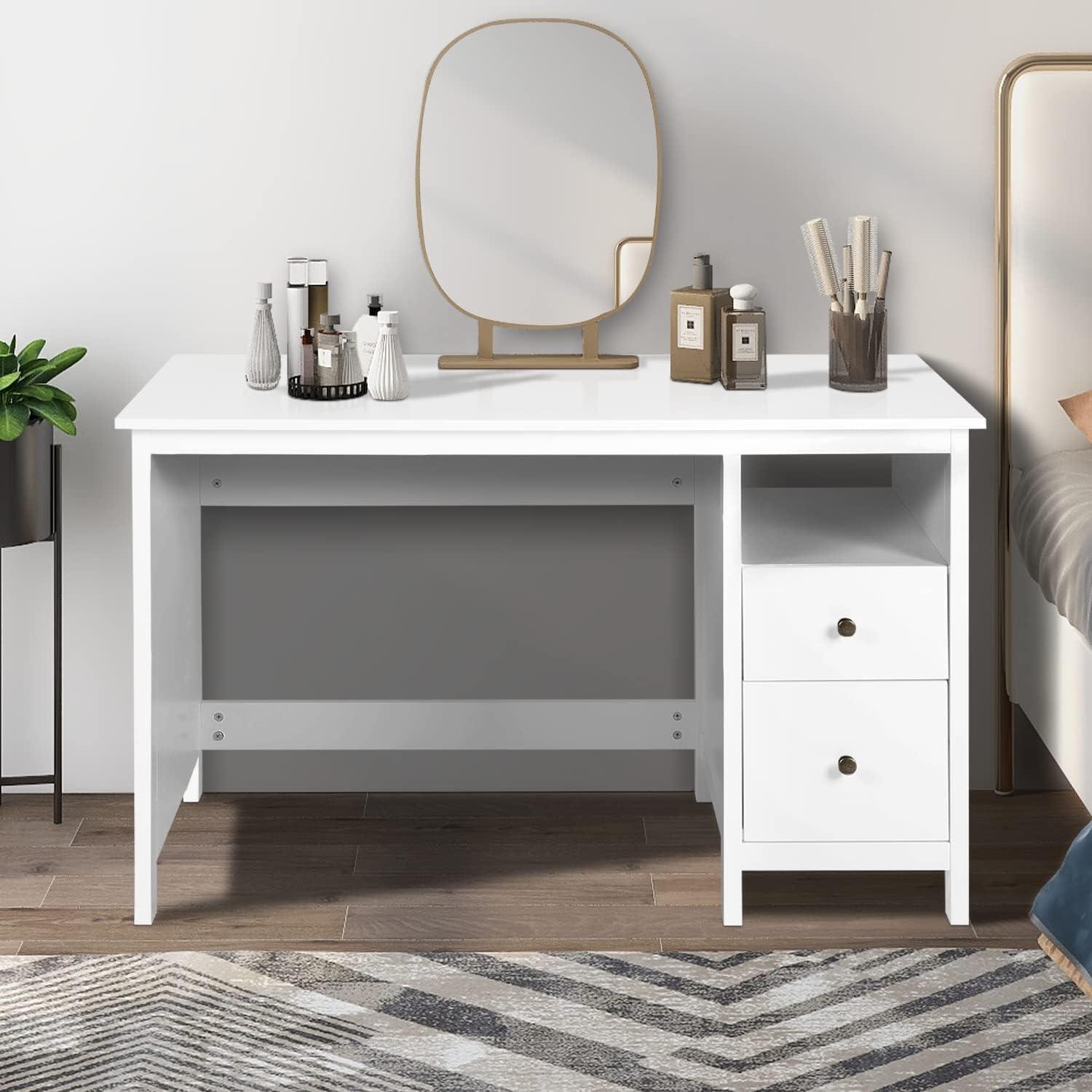 Alieon White Writing Desk with Drawers - 47” Modern Home Office Study Computer Desk with Storage Cabinet & Open Shelf, Simple Vanity Table for Bedroom