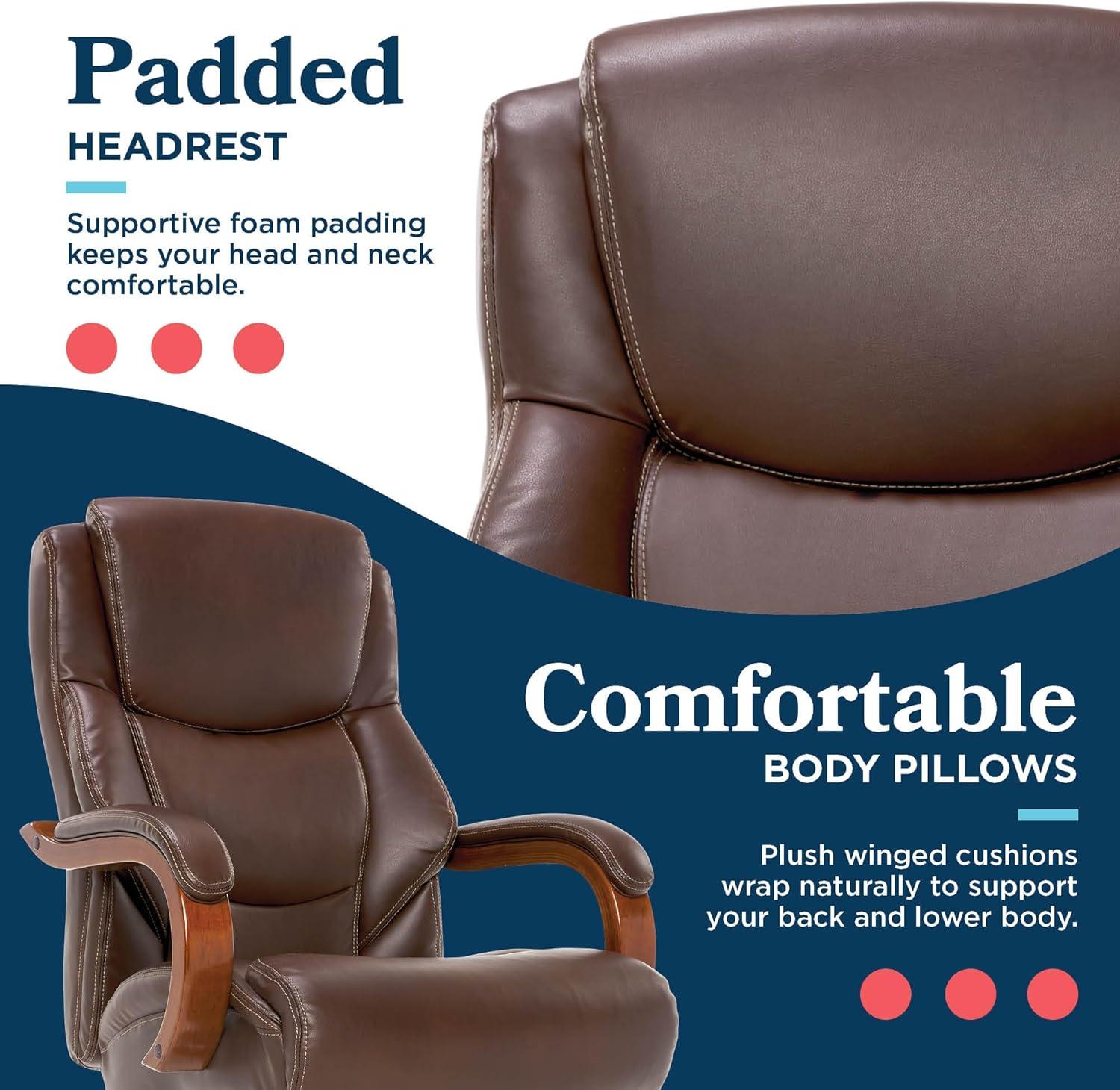 La-Z-Boy La-Z-Boy Delano Big & Tall Executive Office Chair, Ergonomic Mid-Back with Body Pillow Lumbar Support, ComfortCore® with Memory Foam Cushion, Mahogany Wood Arms and Swivel Base, Bonded Leather