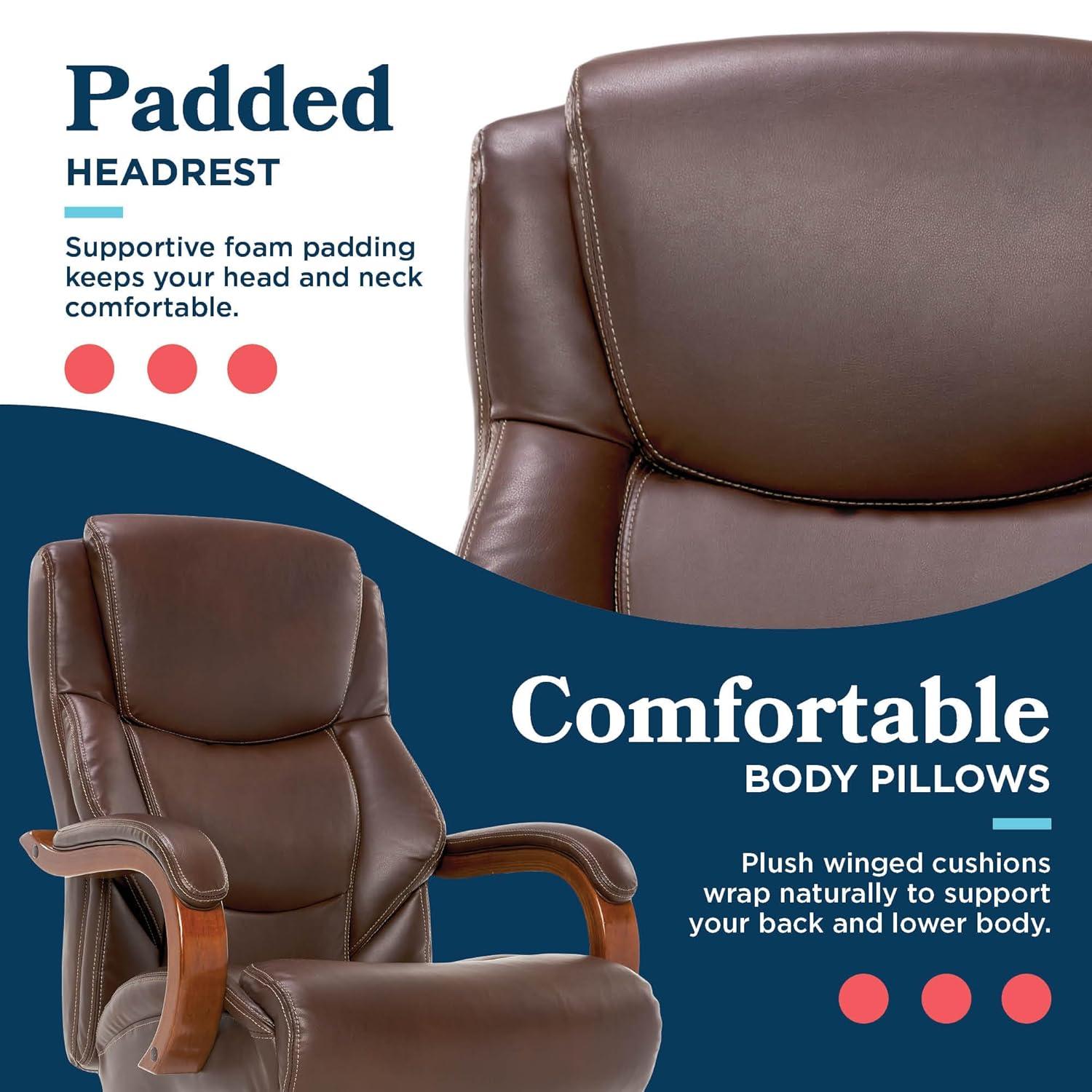 La-Z-Boy La-Z-Boy Delano Big & Tall Executive Office Chair, Ergonomic Mid-Back with Body Pillow Lumbar Support, ComfortCore® with Memory Foam Cushion, Mahogany Wood Arms and Swivel Base, Bonded Leather