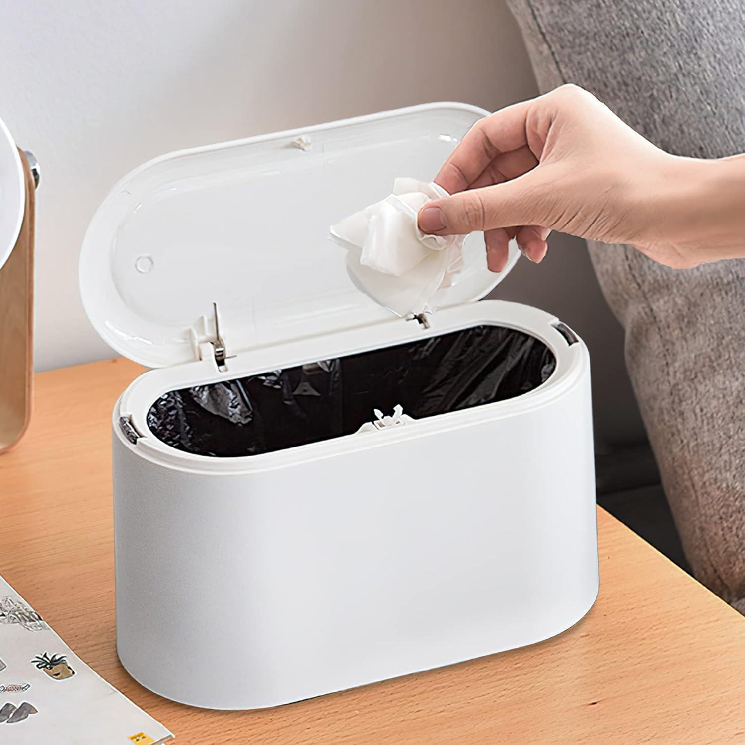 White Plastic Mini Trash Can with Lid for Desk