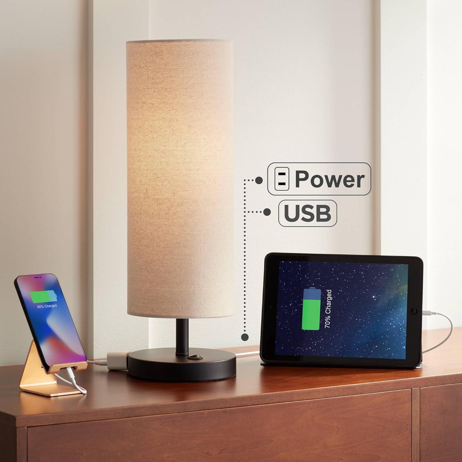 360 Lighting Heyburn Modern Accent Table Lamp 20" High Dark Bronze with USB and AC Power Outlet in Base Oatmeal Cylinder Shade for Bedroom Office Desk