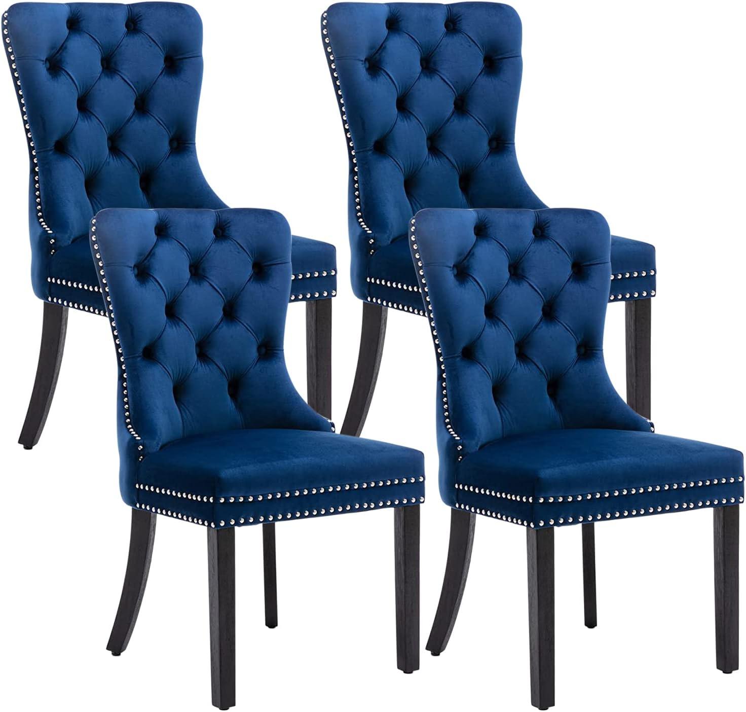 ODUSE-DAILY Velvet Dining Chairs Set of 4, Navy Kitchen & Dining Room Chairs, Tufted Dining Chairs, Fabric Upholstered, Solid Wood, Sillas De Comedor (Blue, 4 Pcs)