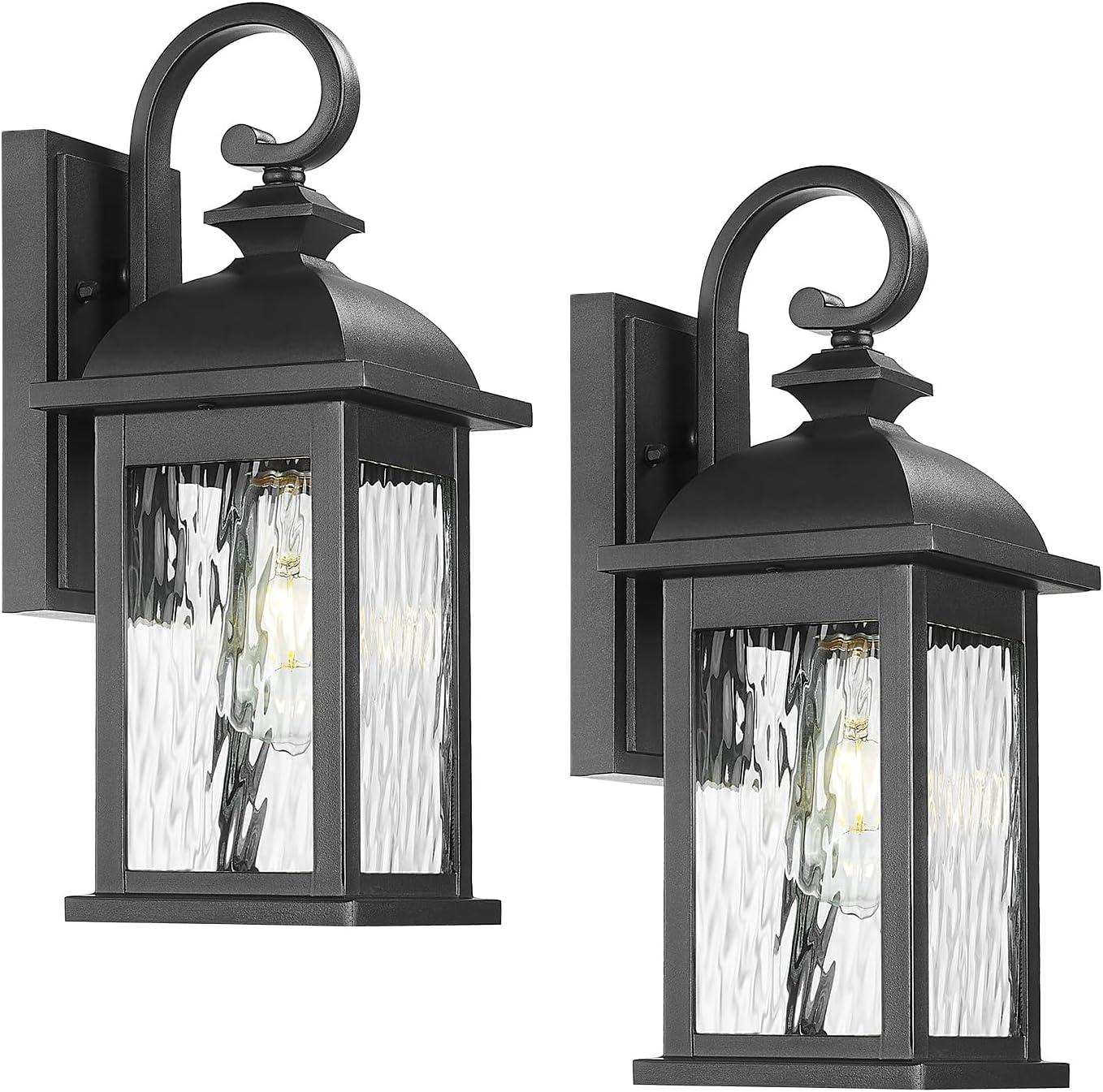 Matte Black Outdoor Wall Sconce with Seeded Glass Shade, Set of 2