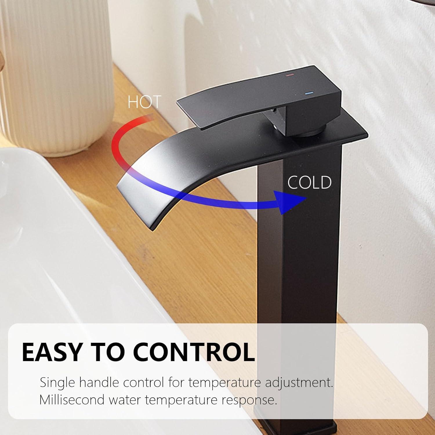 Waterfall Bathroom Faucet Single Handle，Bathroom Sink Faucet 1 Hole，Waterfall Faucet for Bathroom Sink，Vessel Sink Faucet Matte Black Tall Bathroom Faucet