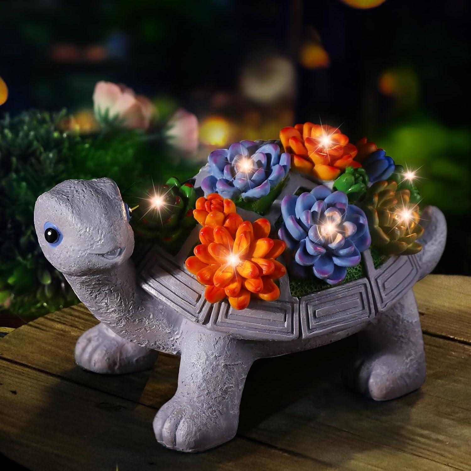 YUNMUTENG Solar Garden Outdoor Statues with Succulent and 7 LED Lights -Decor Tortoise Statue for Patio,Yard Ornament - Unique Housewarming Gifts