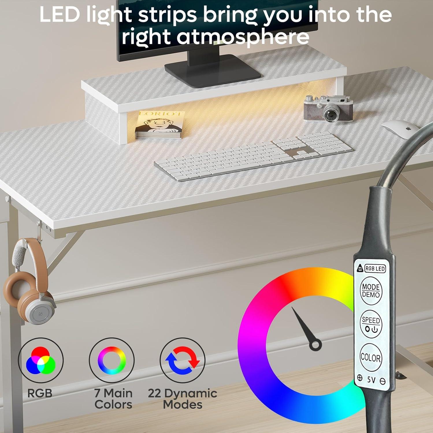 Bestier Gaming Desk with LED Lights & Monitor Stand, 42 inch Small Computer Desk Gamer Workstation with Cup Holder & Headset Hooks, Modern Simple Style Desk for Home Office, Carbon Fiber White