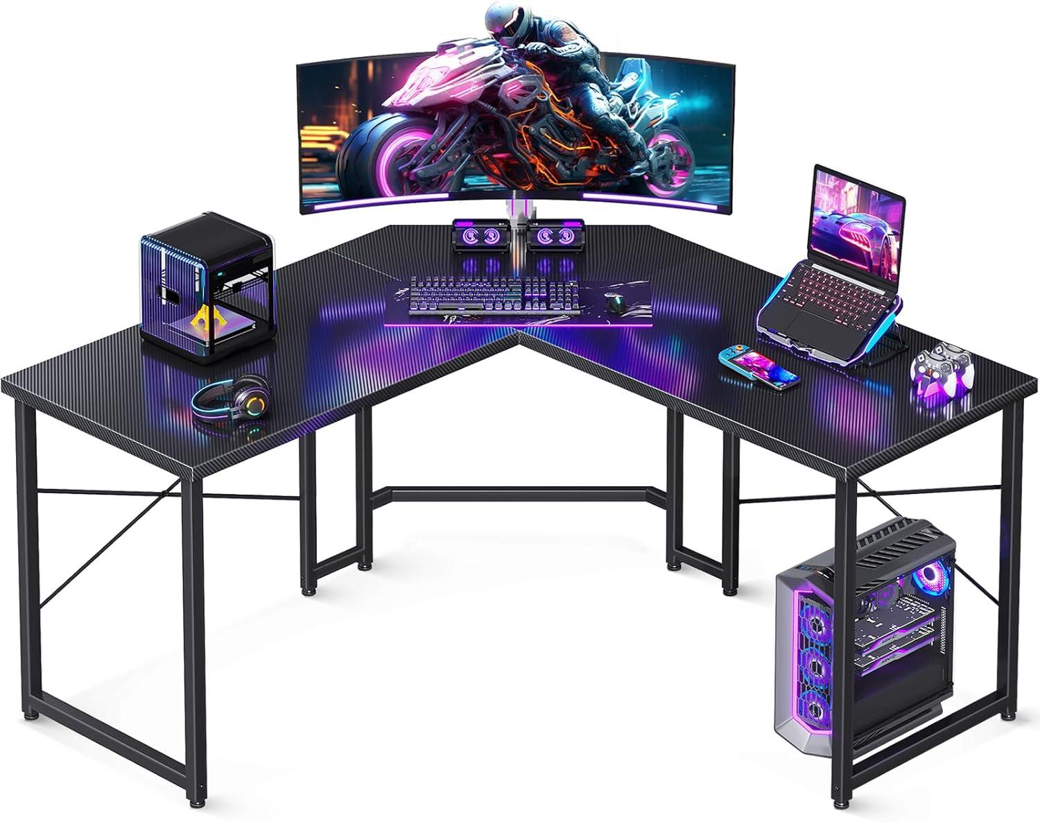 L Shaped Gaming Desk with Monitor Stand, Corner Desk Gaming Table for Home Office, Computer Desk Sturdy Writing Workstation for Small Space, 51 inch, Carbon Fiber Surface, Black