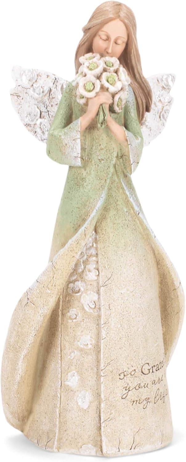 8.5" Green Resin Angel Figurine with Flowers