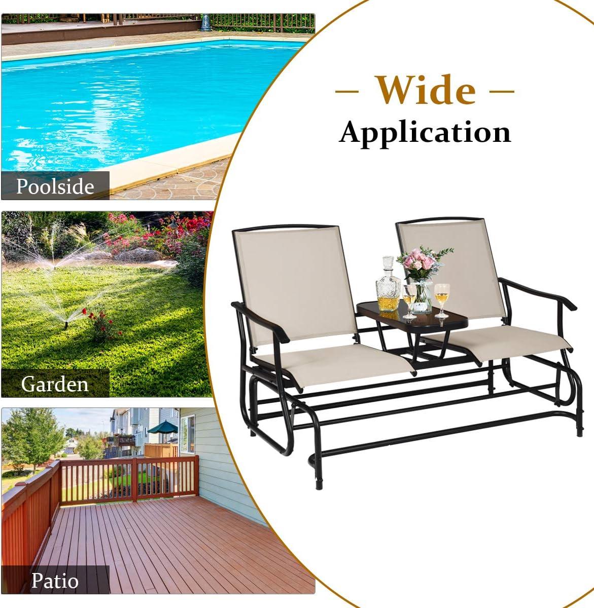 Red Barrel Studio® Patio Bench Glider Chair with Metal Frame, Center Tempered Glass Table, Outside Double Rocking Swing Loveseat for Porch, Garden, Poolside, Balcony, Lawn Rocker Outdoor Glider Bench | Wayfair