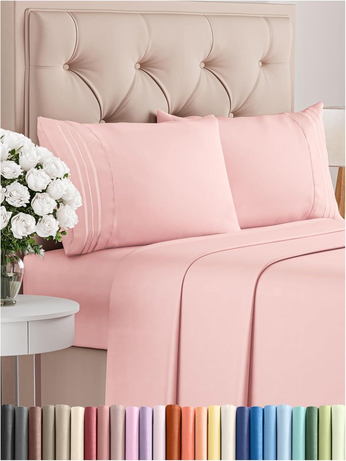 CGK Linens Luxury Soft 4 Piece Solid Bed Sheet Set - Deep Pocket Fits 8"-16" Mattresses in Baby Pink, Size Full