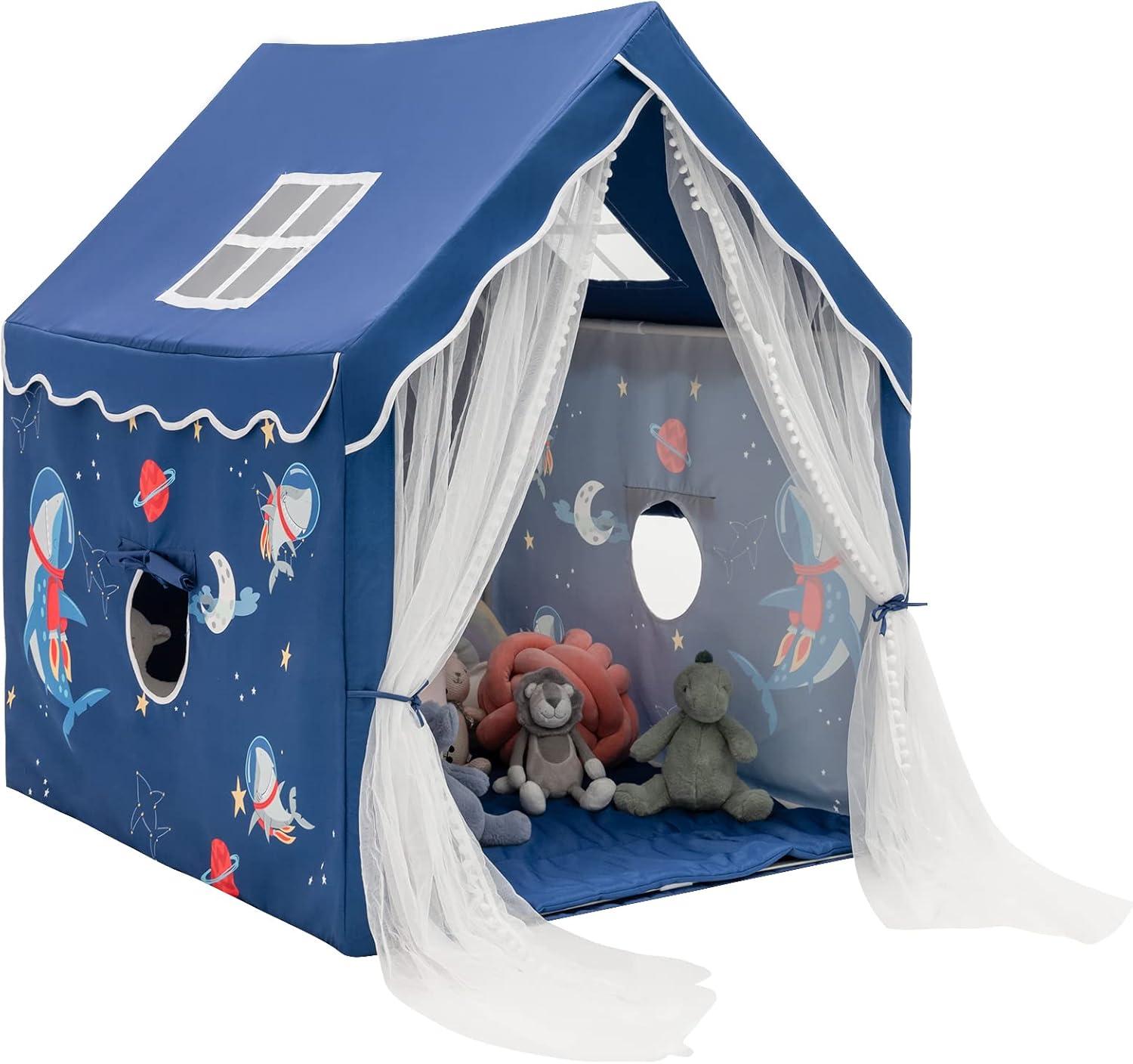 Blue Children's Indoor Play Tent with Cotton Mat and Mesh Curtains