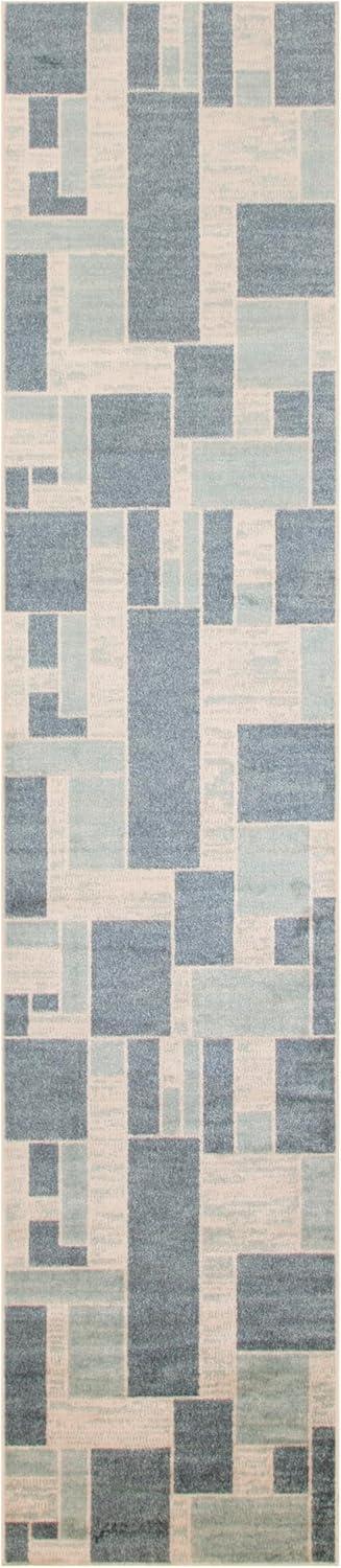 Nourison Astra Machine Washable Contemporary Color Block Indoor Rug Blue Ivory 2'2" x 10'