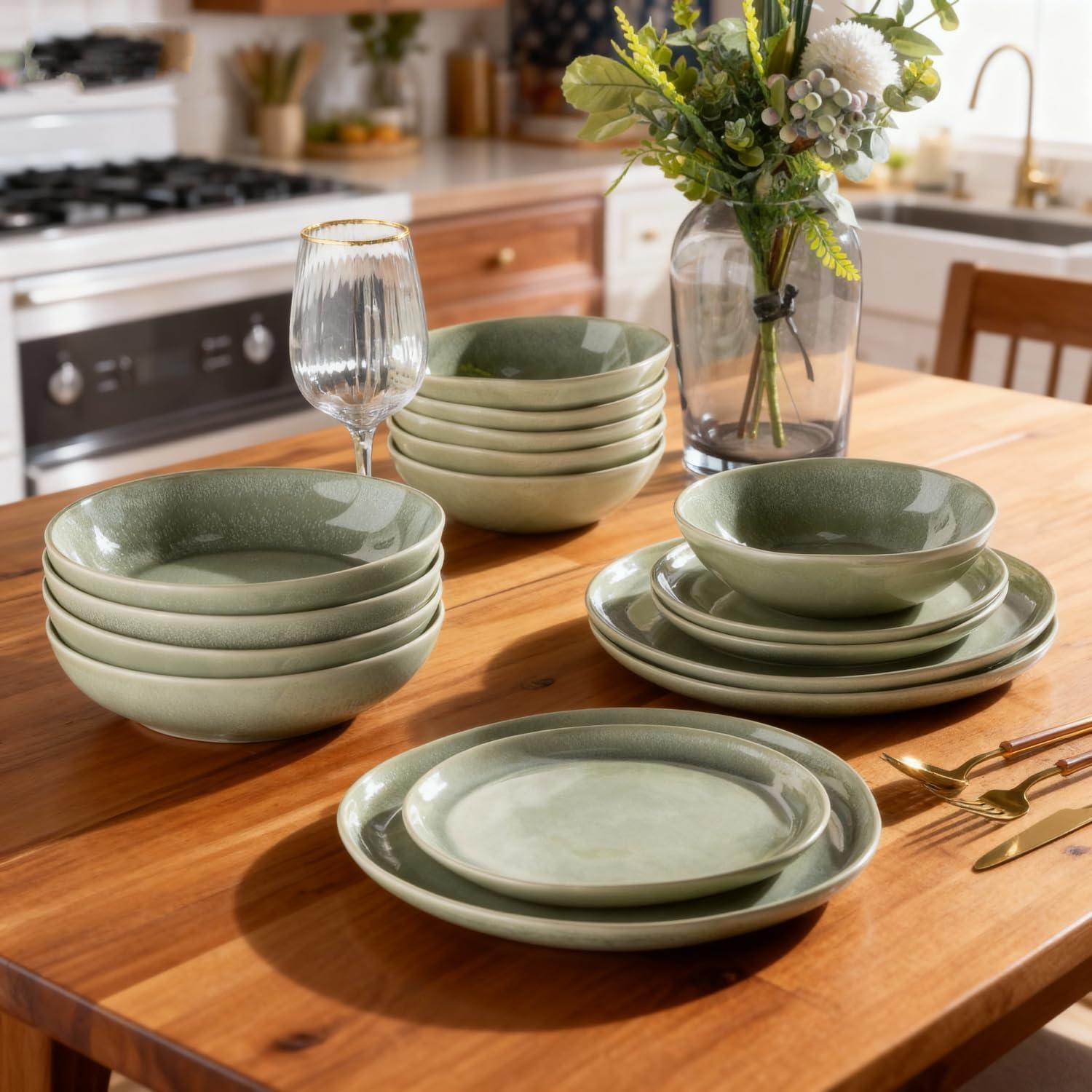Olive Green and White Ceramic Dinnerware Set for 4