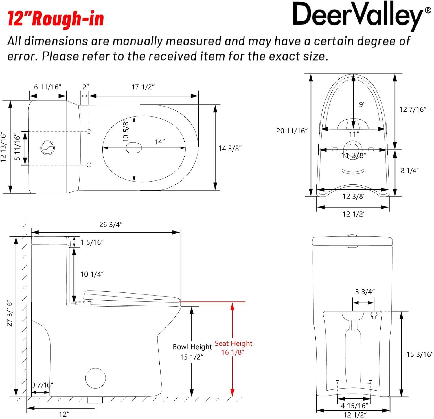 DeerValley Symmetry Dual Flush Elongated One-Piece Toilet Standard Toilet with Comfort Seat Height