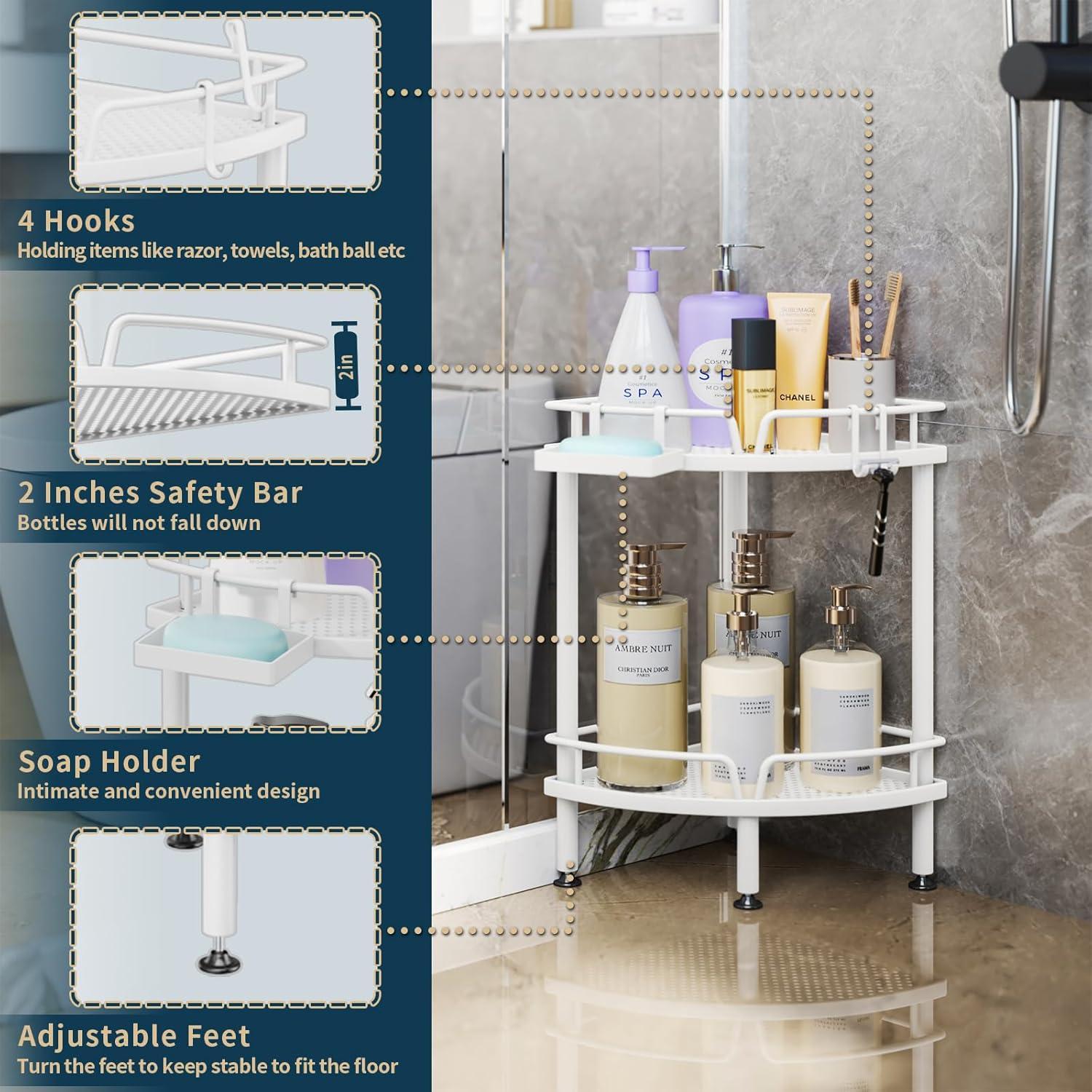 Rebrilliant Corner Shower Caddy Stand Shower Organizer With Soap Holder, Standing Tall Floor Shower Stand With Adjustable Feet & 2 Hooks, Shower Shelf Rack Storage For Bathroom,(White/2 Tier)