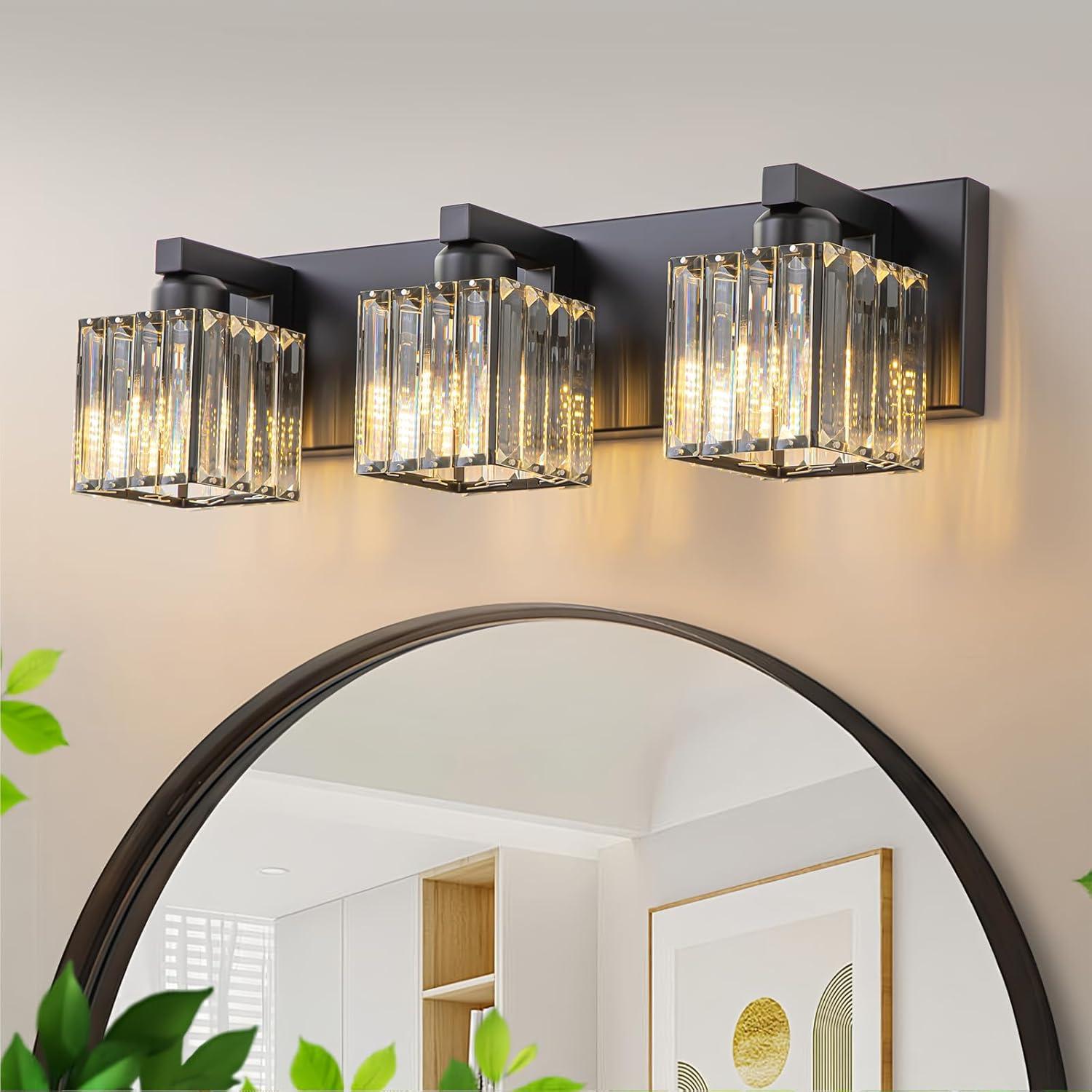 Black Metal 3-Light Vanity Fixture with Crystal Cube Shades