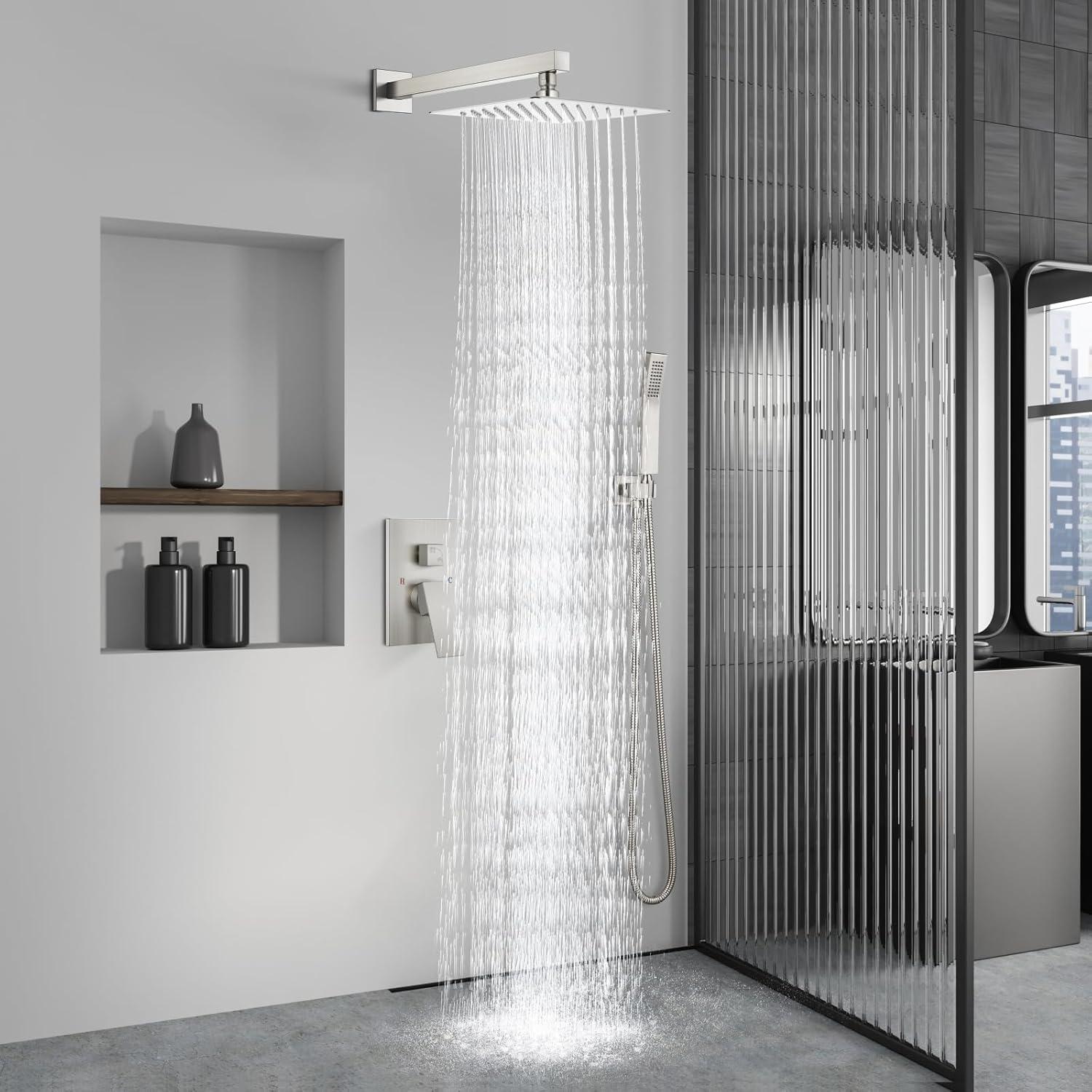 Aolemi Shower Faucet Set Rain Shower System with Handheld Spray Bathroom Shower Combo Rough-in Valve and Shower Trim Kit Included Brushed Nickel 8 Inch Wall Mount Shower Head