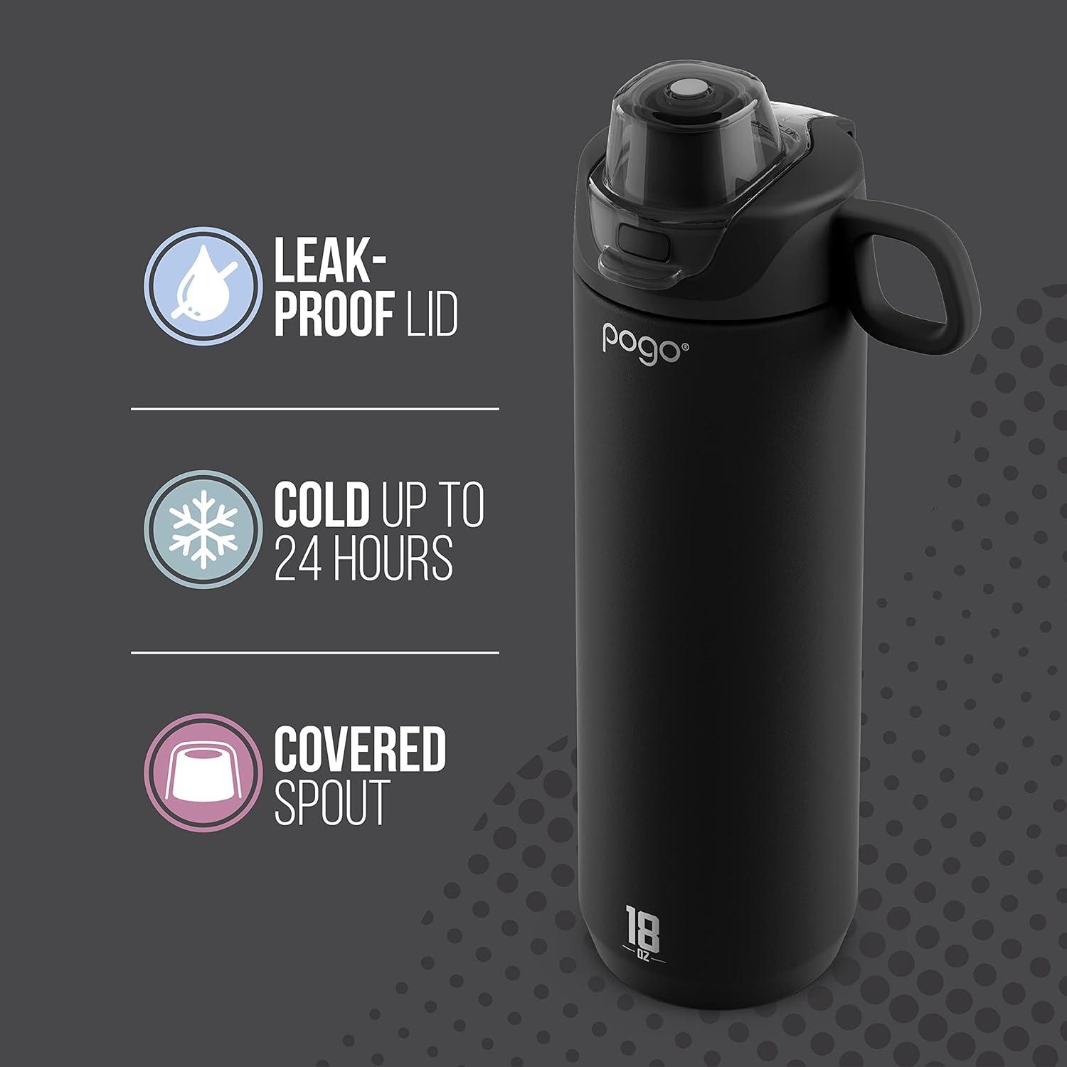 Pogo Active Vacuum Insulated Stainless Steel Water Bottle with Leak Proof Chug Lid and Silicone Carry Loop, Powdercoat, Black, 18 oz