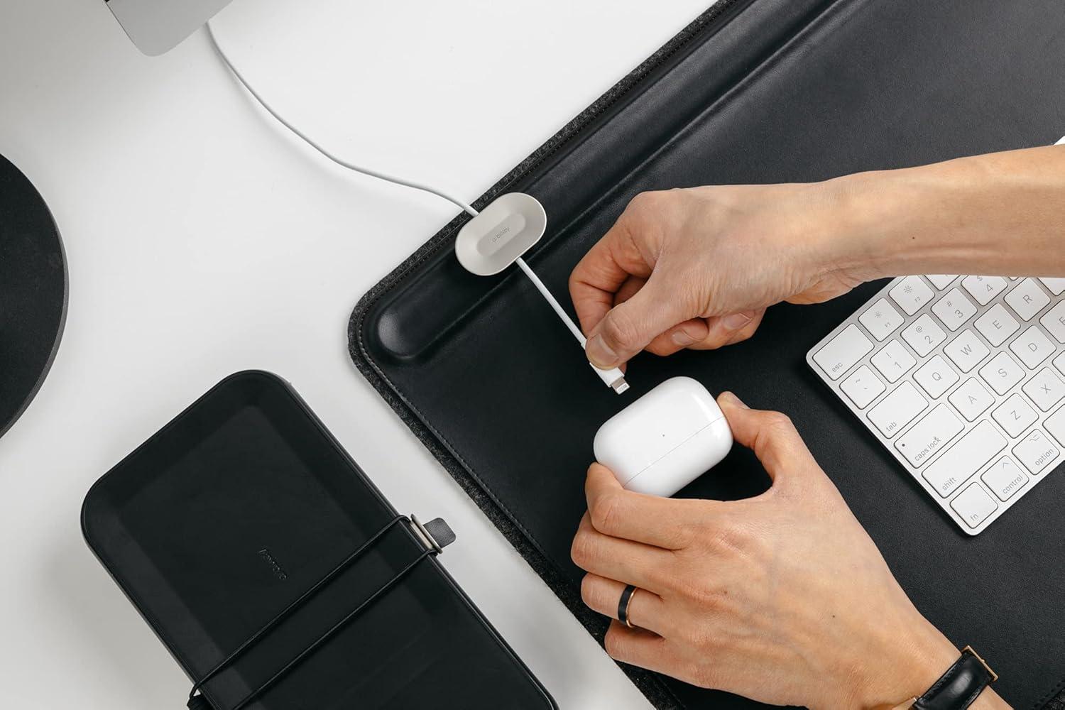 Large Black Faux Leather Desk Mat with Magnetic Cable Holder