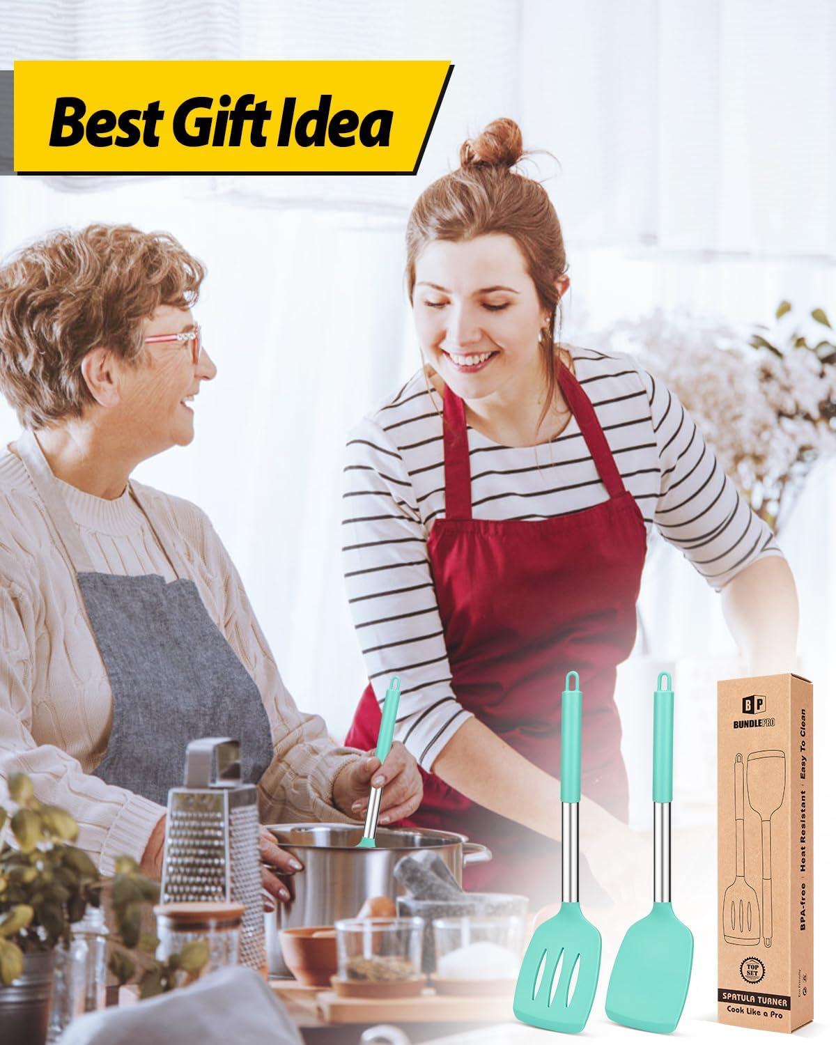 Pack of 2 Silicone Solid Turner, Non Stick Slotted Kitchen Spatulas, High Heat Resistant BPA Free Cooking Utensils, Ideal Cookware for Fish, Eggs, Pancakes(Green)