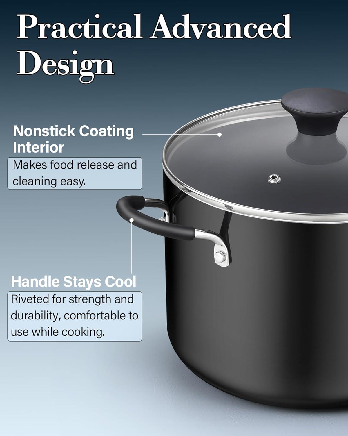 8-Quart Black Aluminum Nonstick Stockpot with Glass Lid