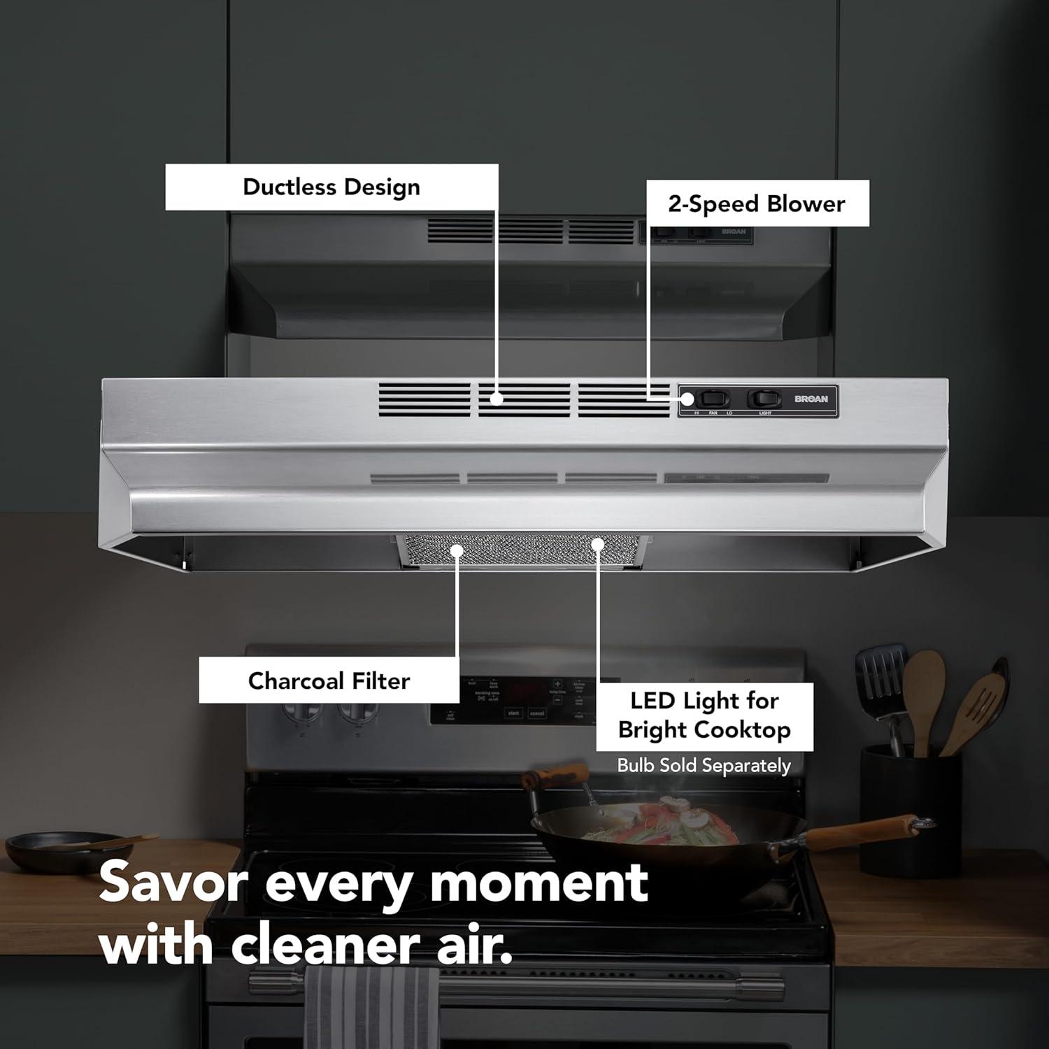 Broan NuTone Broan® 30-Inch Ductless Under-Cabinet Range Hood, Stainless Finish with PrintGuard 4130SF