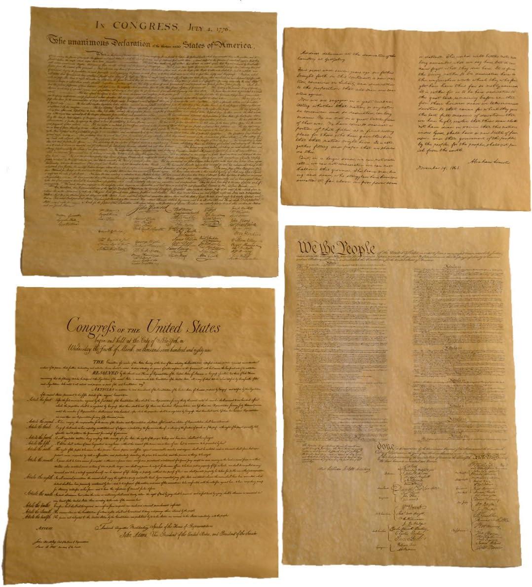 4 Antiqued Dyed Parchment Paper Historical Documents Declaration of Independence, Bill of Rights, US Constitution, Gettysburg Address