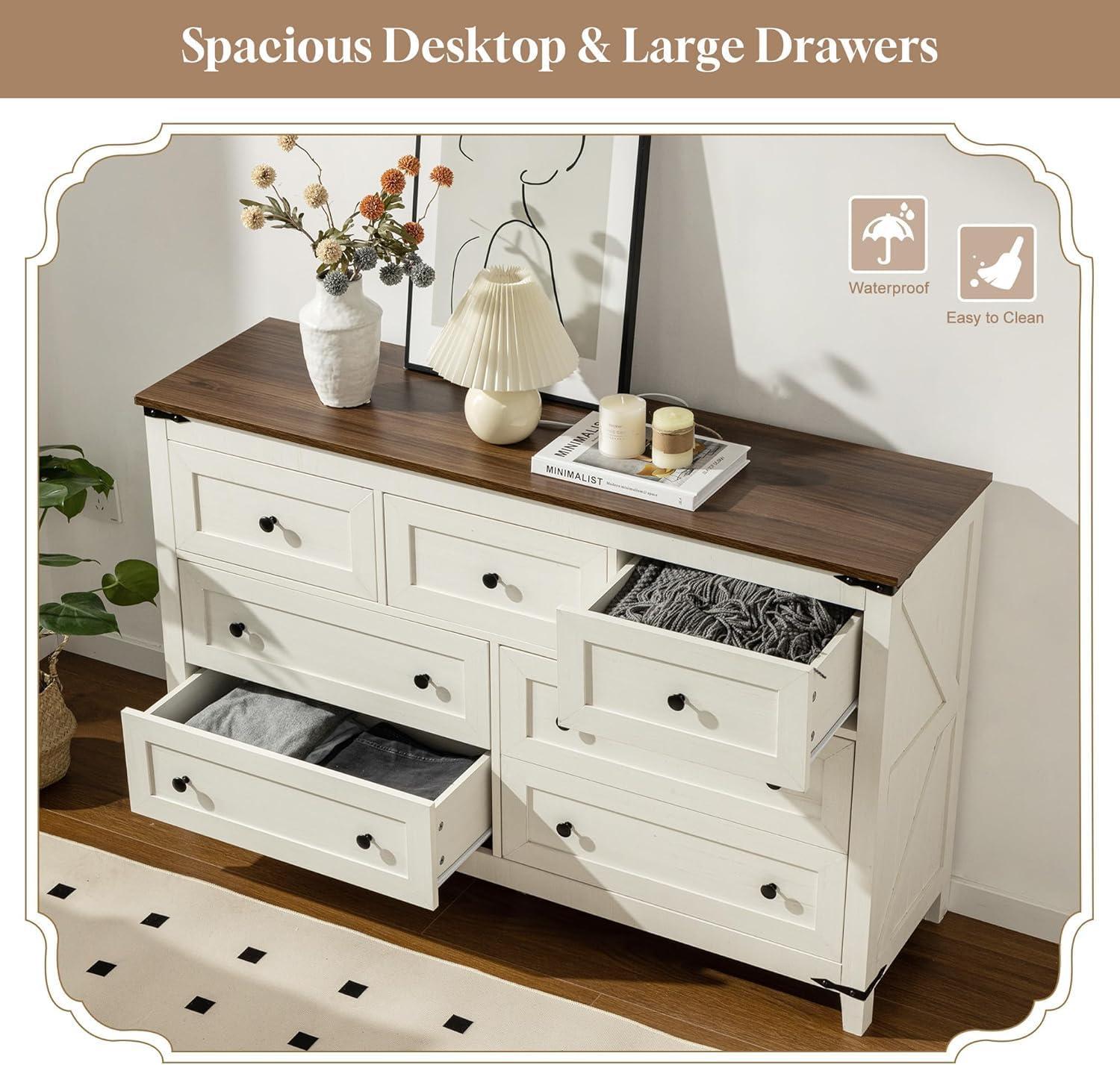 Gracie Oaks Wood Dresser For Bedroom With 7 Drawers, Farmhouse Chest Of Drawers